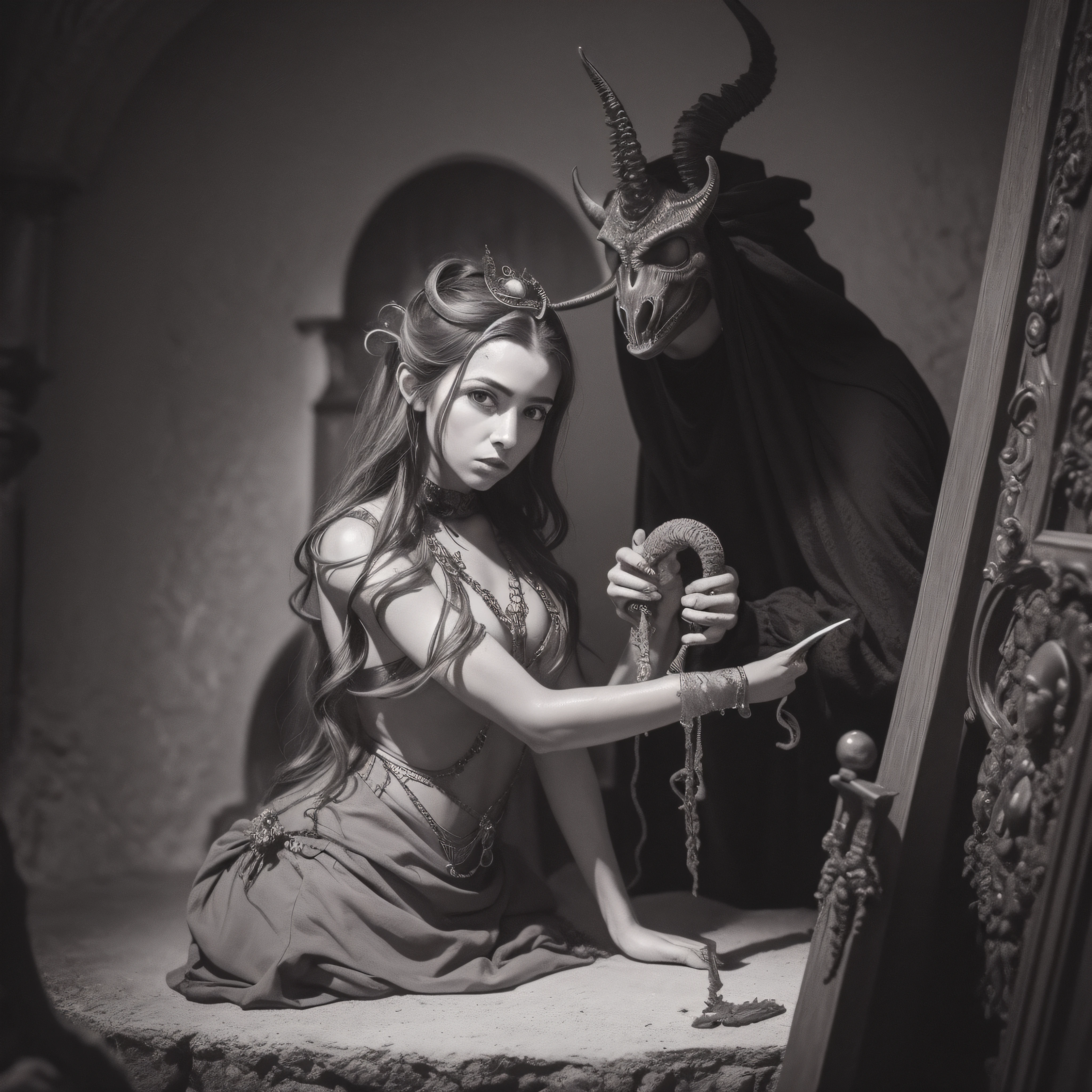 (extremadamente detallado, obra maestra, La mejor calidad), Estilo oscuro, intense illumination, rostro con arrugas, mujer crucificada, tentacle, monstruoso, interior de una piscina de agua, imagen submarina, alien con Colmillos finos. manchas de tinta. Rococo composition. Luz de caravaggio