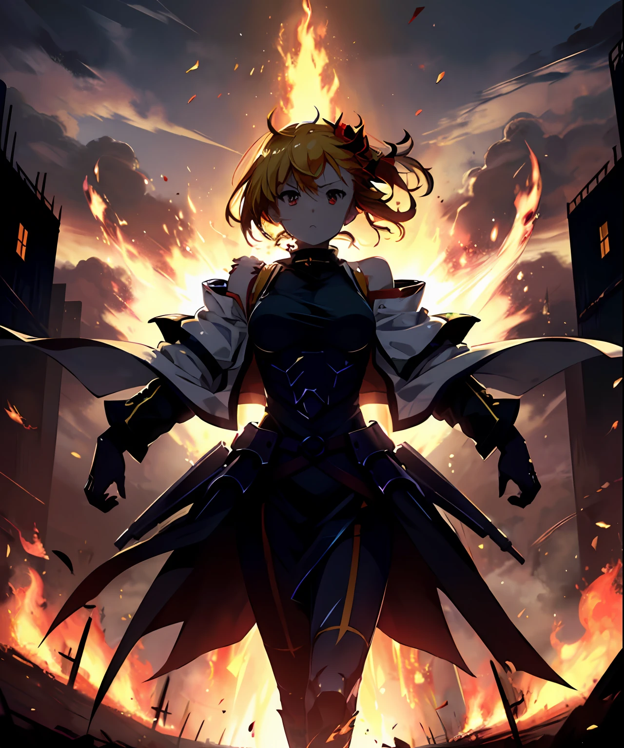 (((masterpiece)))、(((top-quality)))、((ultra-detailliert))、Golden Dark King、According to the contract、Follow me、Overlord of Flame、Come、Purification Flame、Great Sword of Flame、Fluttershy、Fire and brimstone through Sodom、Turning sinners into the dust of death、(Burning sky)