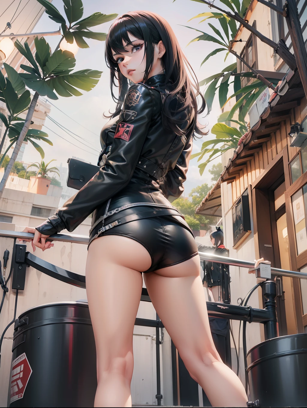 Anime girl in black leather outfit standing on a balcony, menina anime sedutora, menina bonita do anime agachamento, arte de anime limpa e detalhada, arte cg anime suave, Arte no estilo de Guweiz, trending on artstation pixiv, de meninas da linha de frente, Directed by: Jin Homura, arte oficial altamente detalhada, Trend in CGTacing:, detalhes finos. meninas da linha de frente