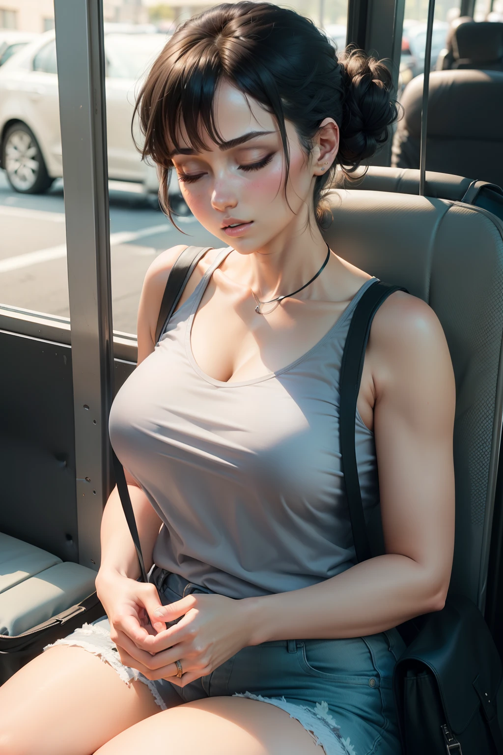 1 beautiful woman, adult, large body, short hair, hair tied in a bun, eyelids made up, eyelids outlined, neckline, sleeveless dress, white dress, dress with black lines, neckline, black bag, sleeping sitting on the bus, mouth open, eyes closed