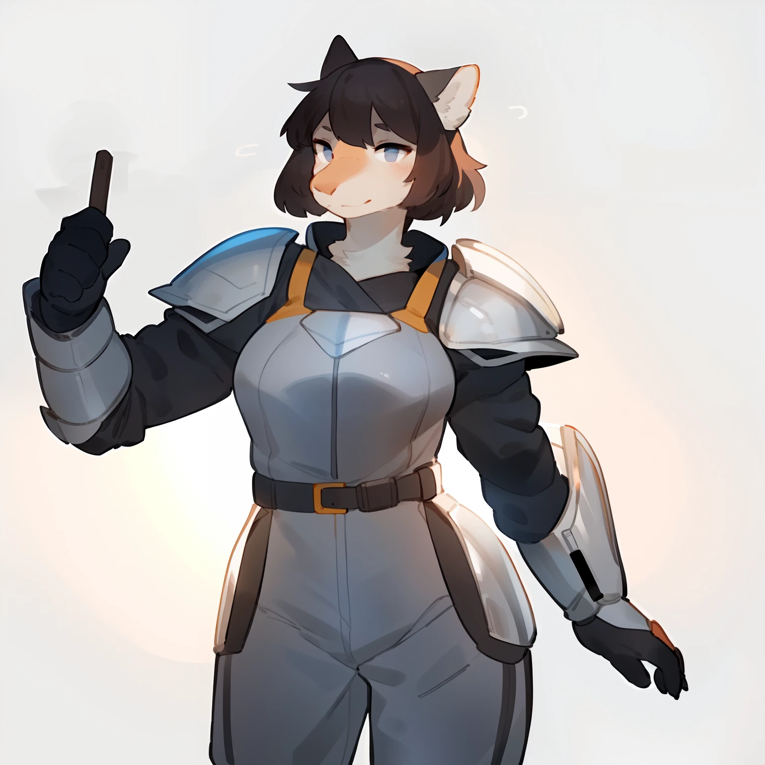 By bebebebebe, by buta99, by spuydjeks, by spikedmauler, by bigcozyorca, solo, standing, female, ((hair, snout)), light grey jumpsuit, light grey armor, light grey shoulder pads, light grey chestplate