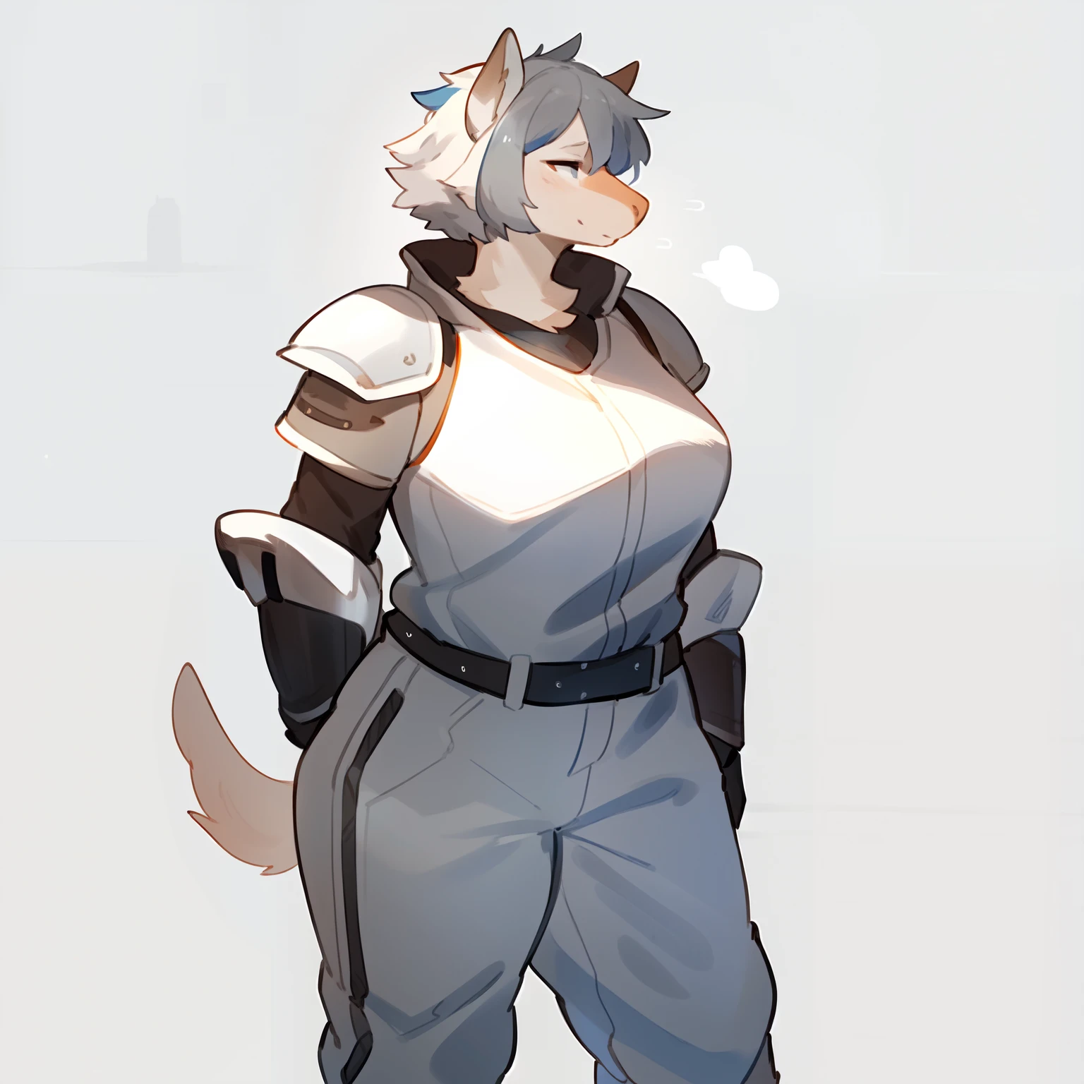 By bebebebebe, by buta99, by spuydjeks, by spikedmauler, by bigcozyorca, solo, standing, female, ((hair, snout)), light grey jumpsuit, light grey armor, light grey shoulder pads, light grey chestplate