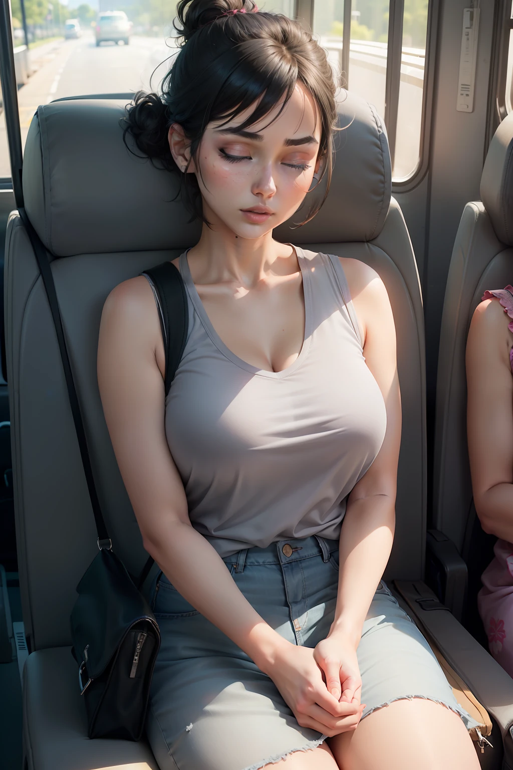 1 beautiful woman, adult, large body, short hair, hair tied up in a bun, made-up eyelids, outlined eyelids, sleeveless shirt, gray shirt, flowery shirt, neck shirt, blue jeans, black bag, sleeping sitting on the bus , mouth open, eyes closed