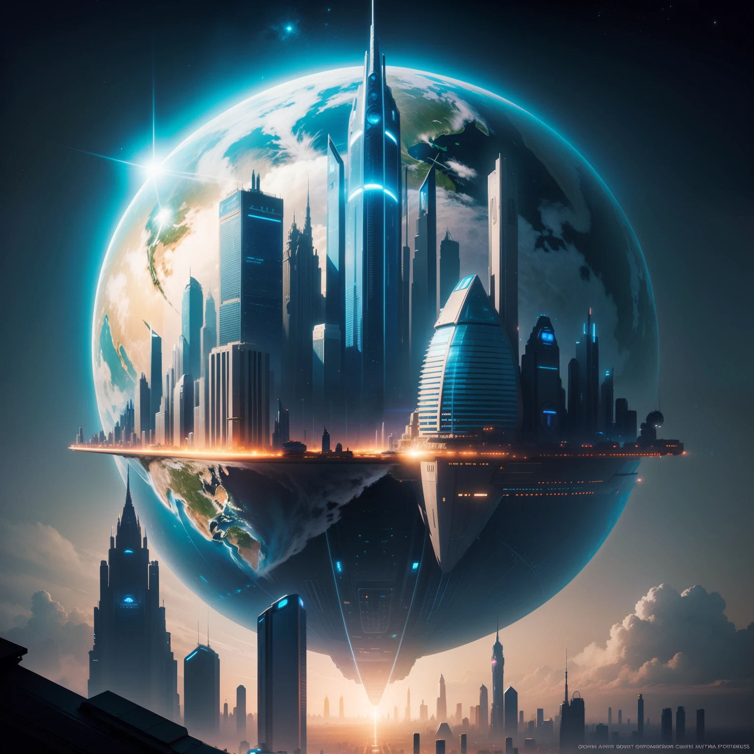 Earth Metropolis　skyscraper　A space station　cyberpunked　epcot　SF Art Top Quality　​masterpiece　超A high resolution　dream　Space City