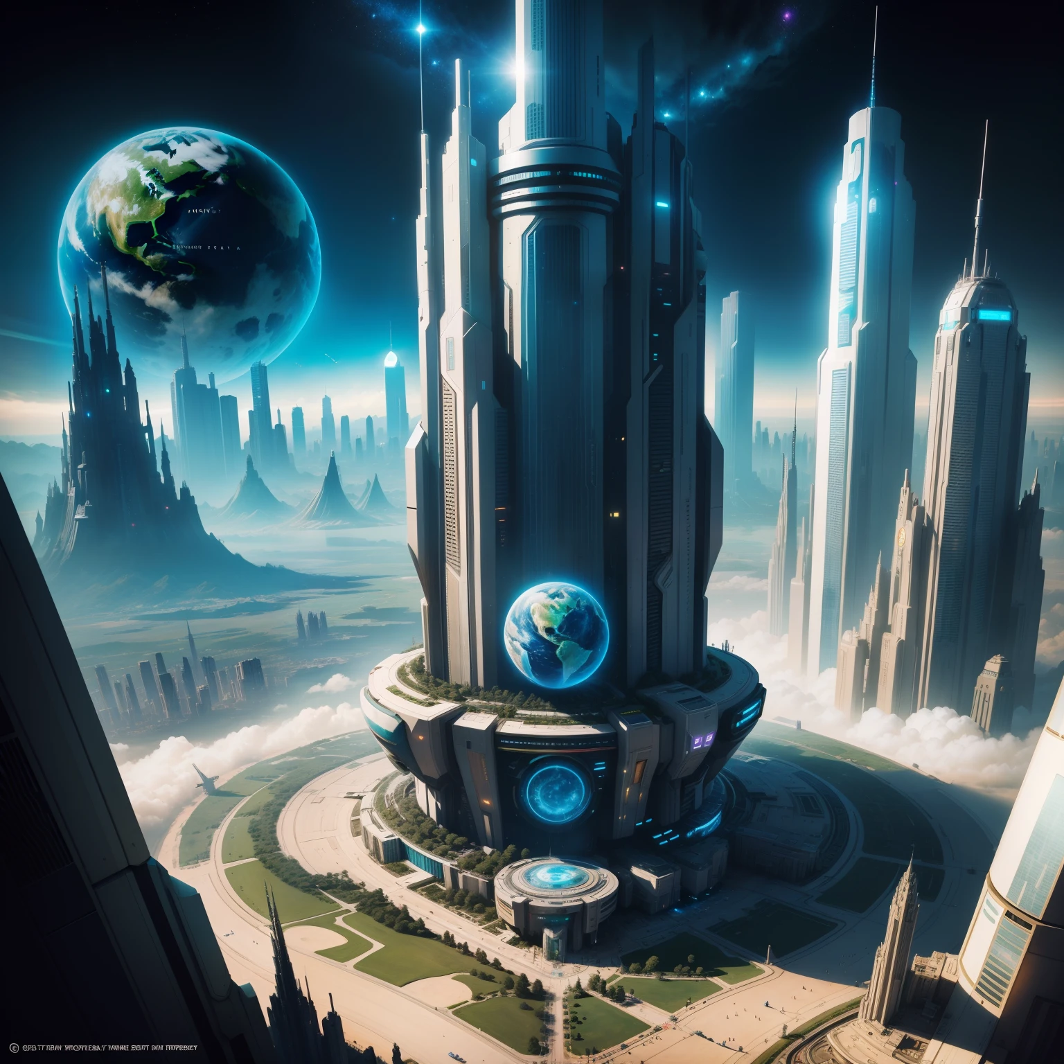 Earth Metropolis skyscraper A space station cyberpunked epcot SF Art Top Quality masterpiece 超A high resolution dream Space City
