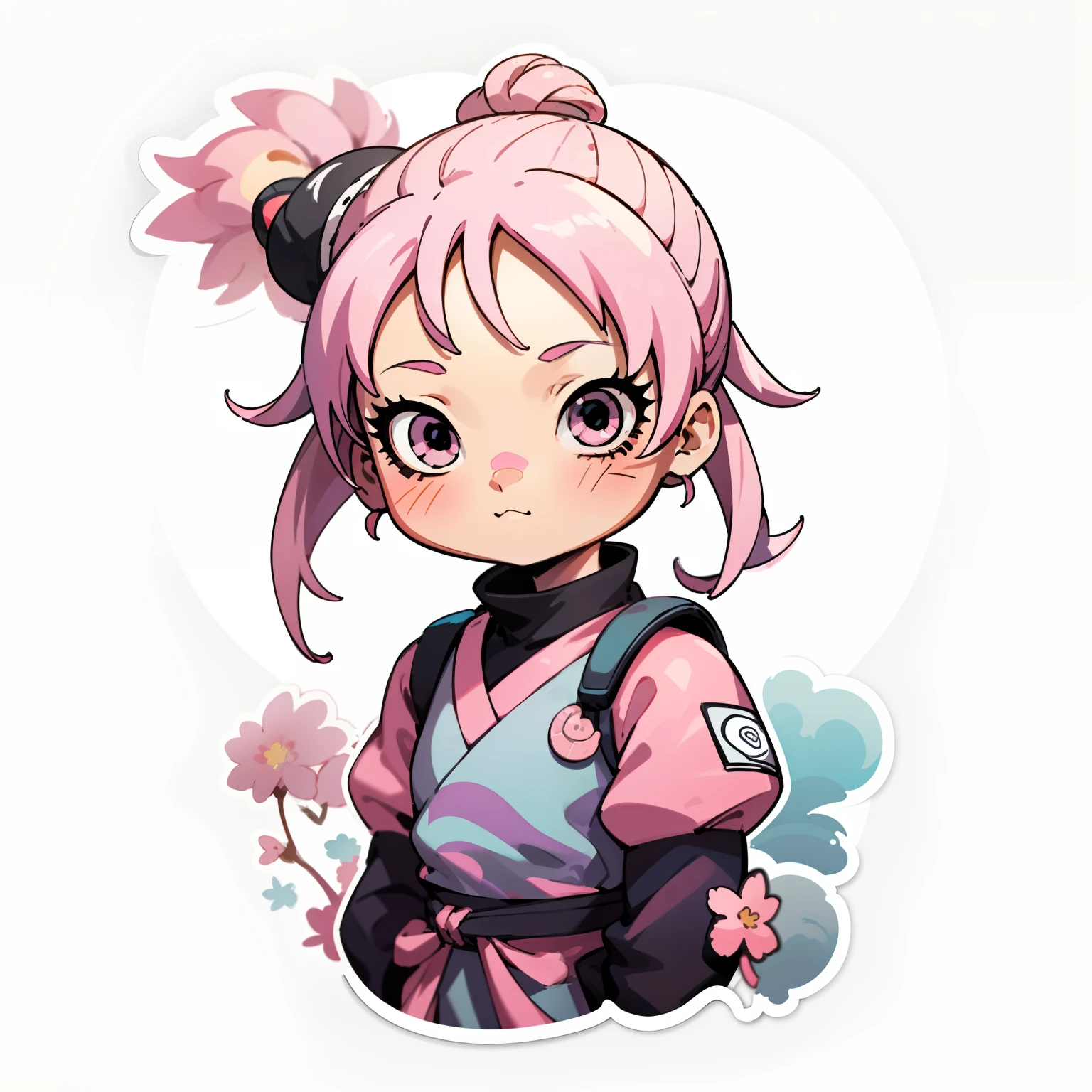 1 sticker,hand-drawn effect,(Naruto's girl,ninjartist,Pink top,Cool and cool,sakura),white backgrounid,simple backgound,Minimalist,adolable,Small,pastelcolor,Vector style,Gradients are not used。