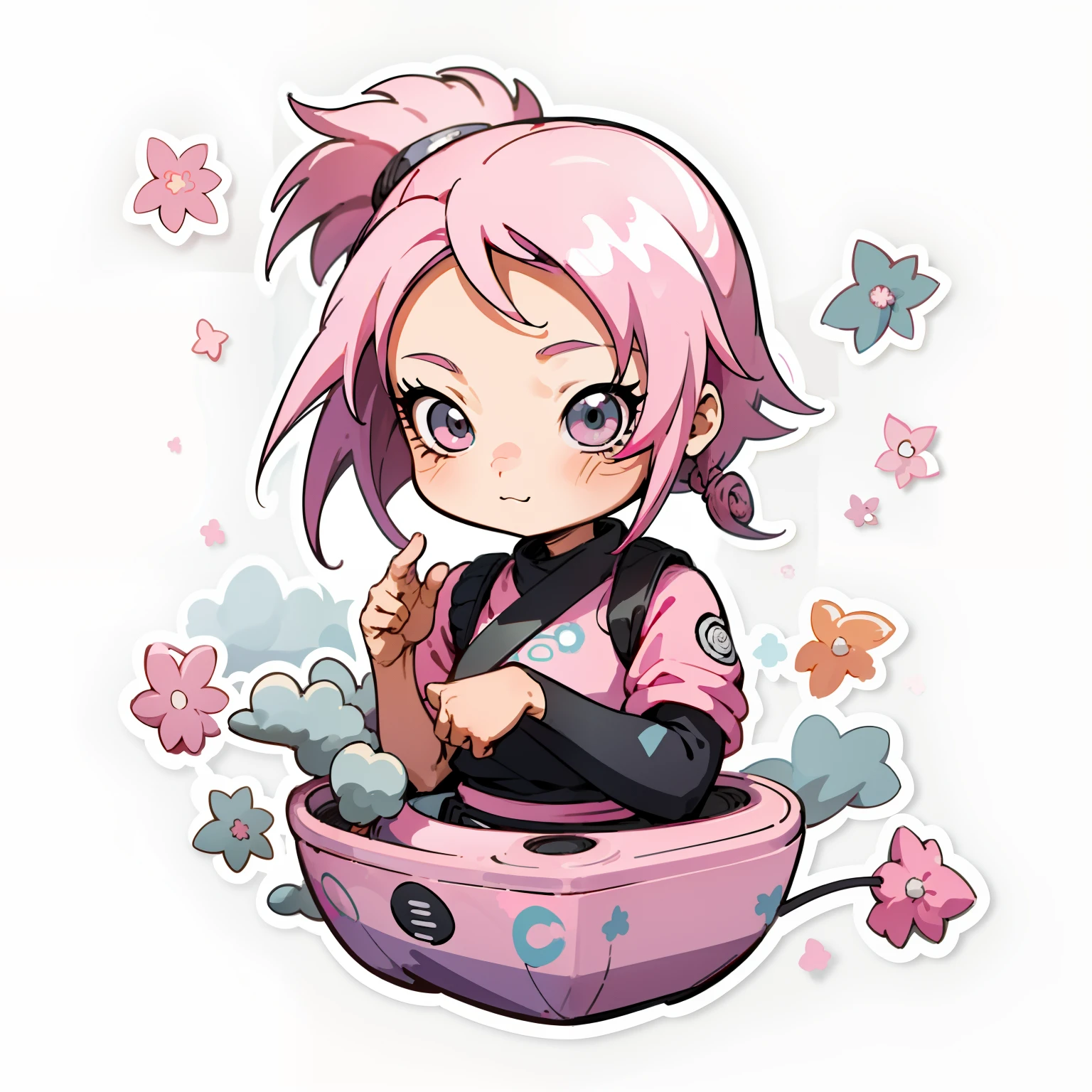 1 sticker,hand-drawn effect,(Naruto's girl,ninjartist,Pink top,Cool and cool,sakura),white backgrounid,simple backgound,Minimalist,adolable,Small,pastelcolor,Vector style,Gradients are not used。
