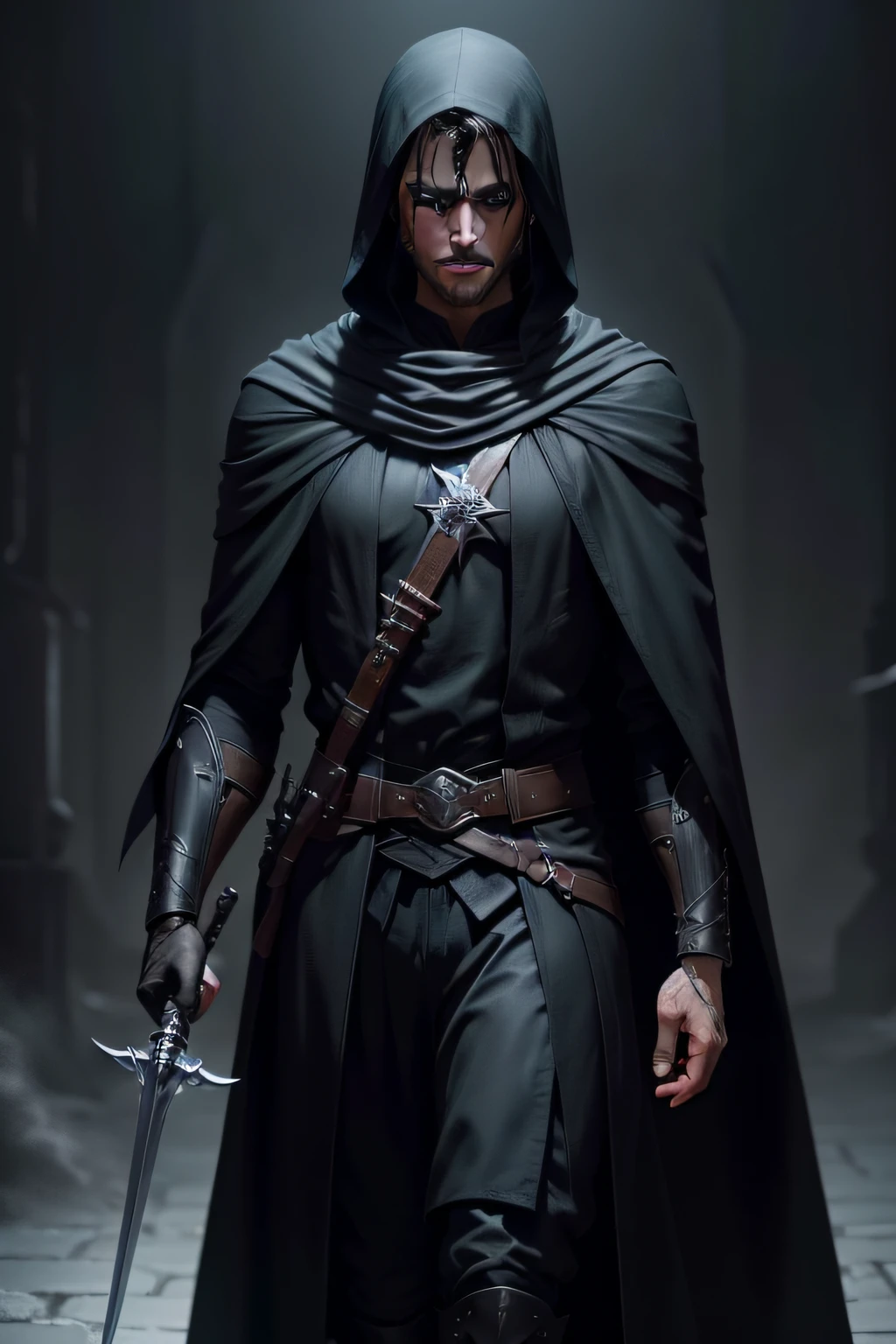 Create a dark male Assassin character in black robes with a rapier in one hand and a dagger in the other