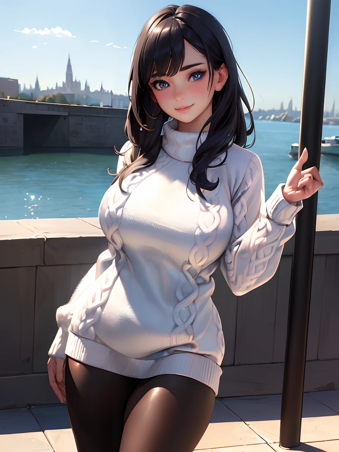 (masterpiece, best quality:1.4), (modern days), (cowboy shot), 1girl, solo, pov, sfw, stunning girlfriend, (standing:1.1), dynamic pose, (white oversized sweater, knit sweater:1.4), （Tight Yoga Pants，dark grey yoga pants：1.4），（Navy blue short jacket，jean jacket：1.4），long Brond Hair，By bangs，heart - shaped face，Elegant face，beauitful face，High detail face，Highly detailed skin，skin pore，sub surface scattering，（Blue eye details），realistic pupil，crisp breasts，A loving smile，looking at viewert，full blush，'s plump lips，hold a flower，at centre，coffee shop in background，the city street，Sunnyday, ventania, detailed back ground, depth of fields, atmosphric perspective, Volumetriclighting, Clear focus, absurd res, Realistic proportions, Good anatomy, (realisticlying, Hyper-realistic:1.4), 16k hdr,