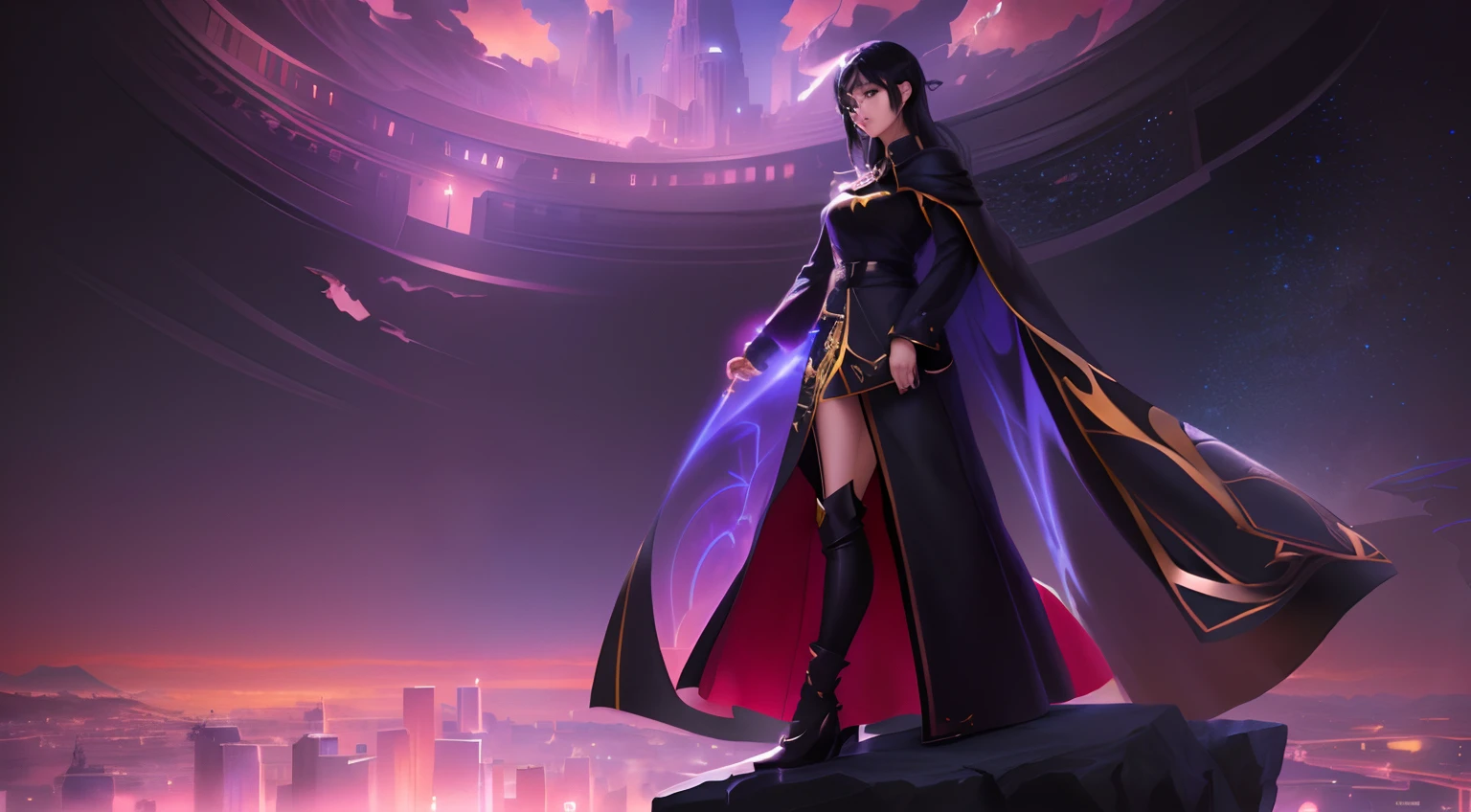 Anime - A stylish image of a woman standing on a rock overlooking the city, black-haired mage, portrait of a female anime hero, high detailed official artwork, official character illustration, , anime in fantasy style, official fanart, Anime fantasy illustration, Black travel cape, Stylized urban fantasy artwork, highly detailed exquisite fanart, Digital anime illustration