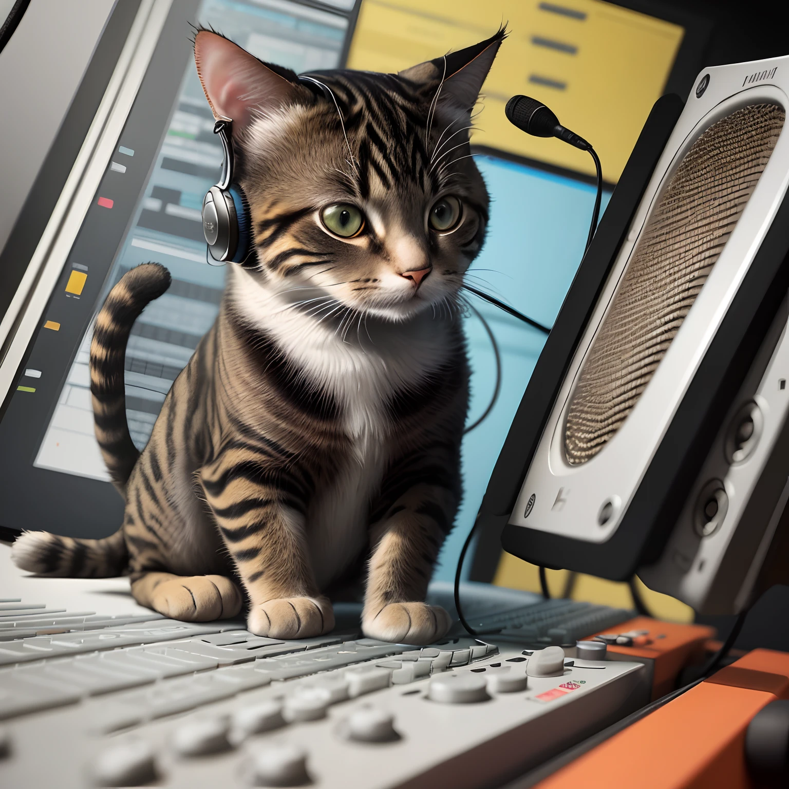The cat is recording,In the recording studio,There is a microphone,with headphone,Close-up Shot Shot,