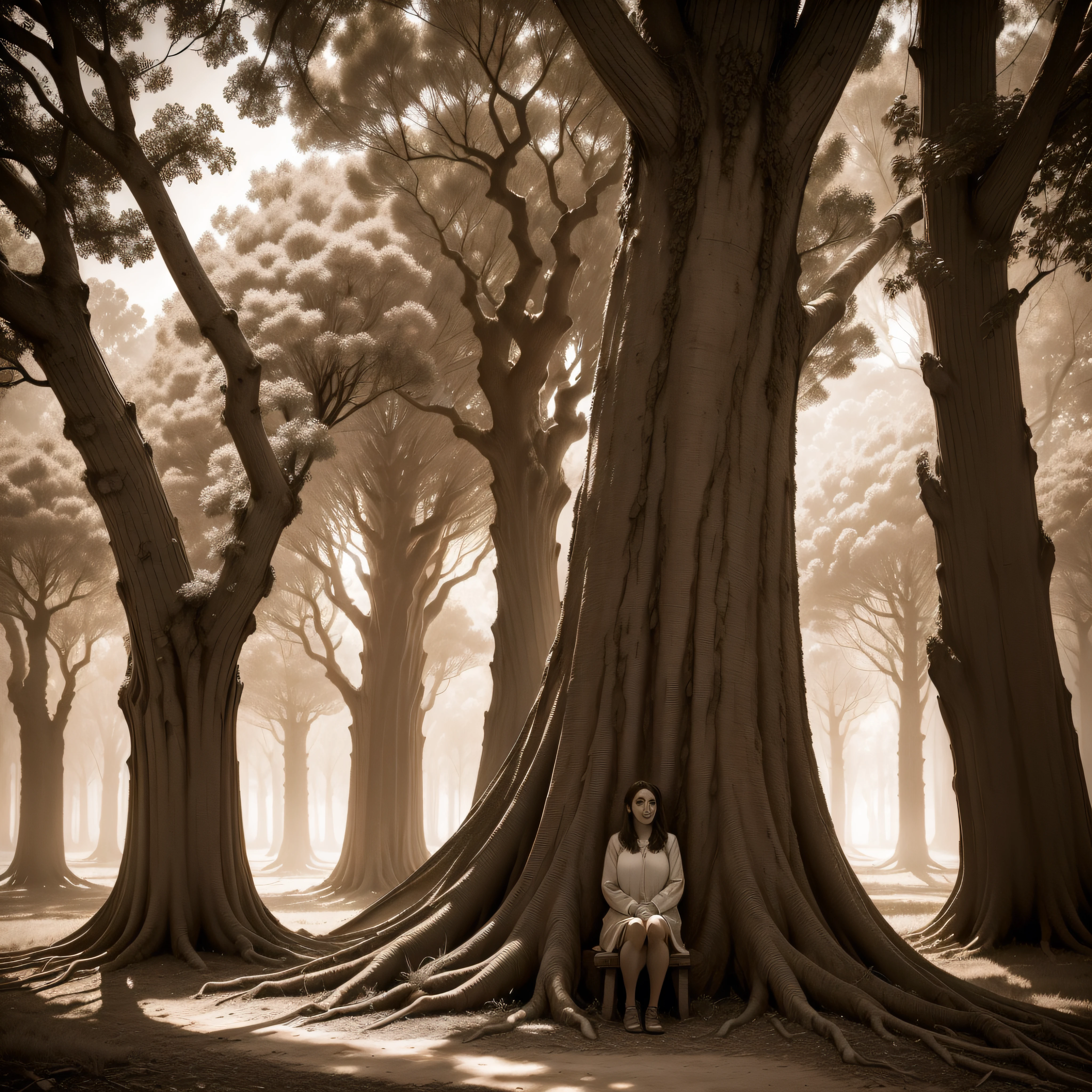 (extremadamente detallado, obra maestra, La mejor calidad, Tono sepia) bosque enorme, Trees with a human face, ruinas. Daytime Lighting.