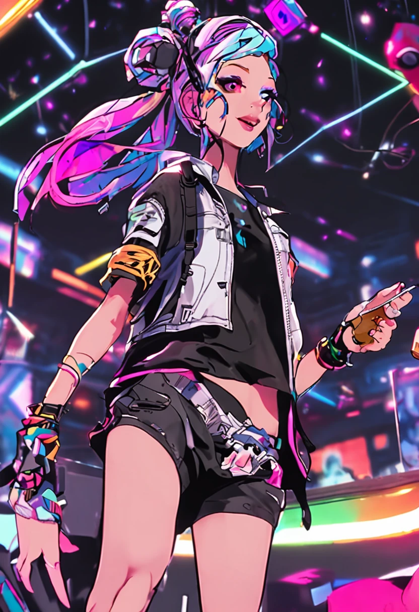 1 girl, (Chinese:1.2), DJ, (20yr old), music, turntable, Earphone, (Colorful hair:0.8), Energetic, self-assured, Party atmosphere, Nightclub, Dance Floor, (Neon lights:1.3), techno music, High energy, (Radiant makeup:0.9), fashionable attire, (Crop top:0.7), (Leather pants:0.6), (Sneakers:0.8), (Tattoos:0.7), Mix beats, (Jumps:1.1), crowd, (Excited expressions:0.9), Fascinating performance, (Vibrant stage lighting:1.2), Intense atmosphere, (Smoke machine:0.8), (Confetti:0.7), (Visual effects:1.1), (Hands in the air:1.3), (Edm:0.9), Energetic posture, (pixel art background:1.4), (Subwoofer:0.8), (DJ booth:1.2), Nightclub venue, (Lighting effects:1.1), (Party crowds:1.3), Electronic dance music. --AR 9:16 --q 1 --v 5.2 --AR 9:16 --Q 1 --Niji 5