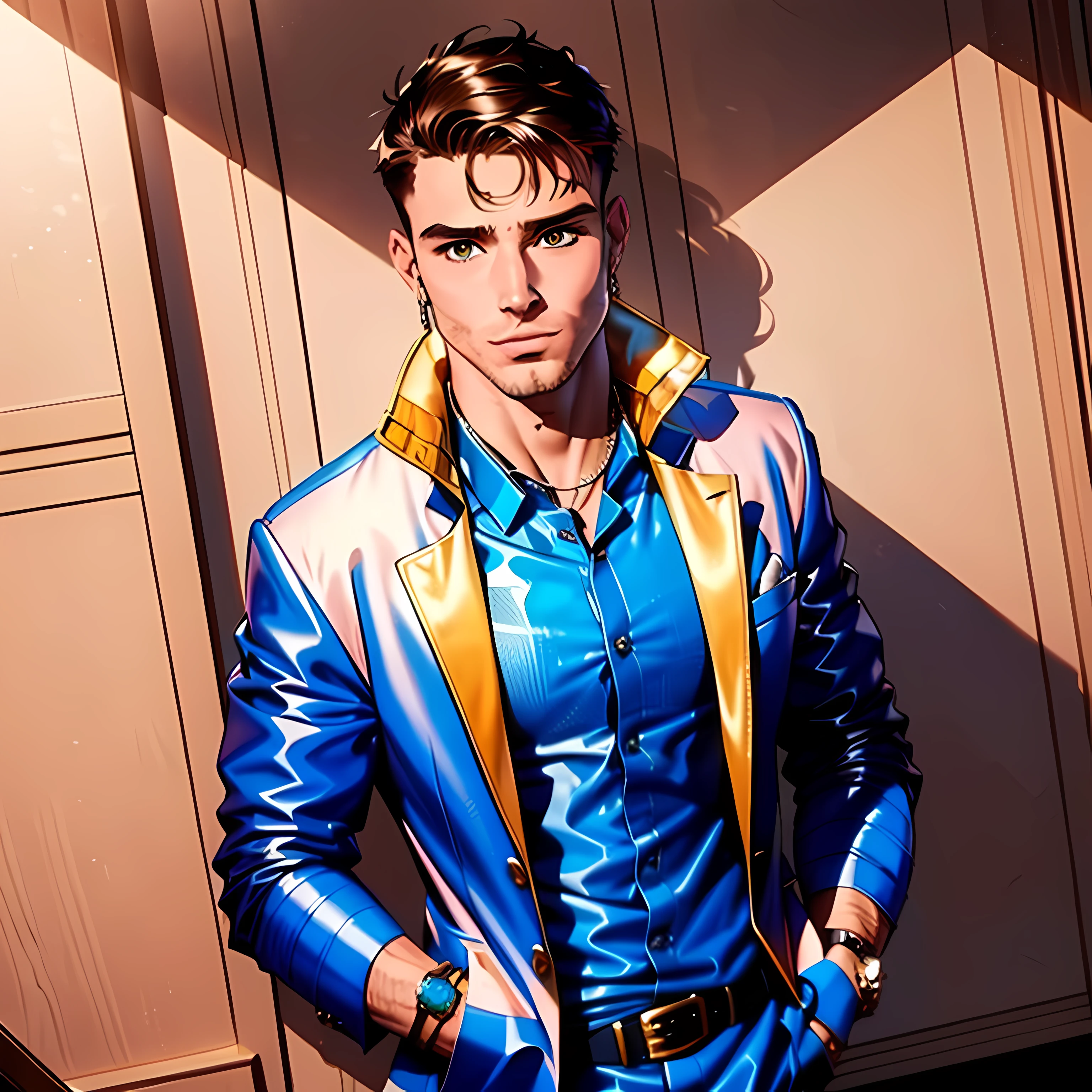 homem 22 anos, bonito, (rosto perfeito detalhado) sedutor, (jaqueta de couro) , Hands in pockets, em uma sala escura e elegante, obra prima 8k