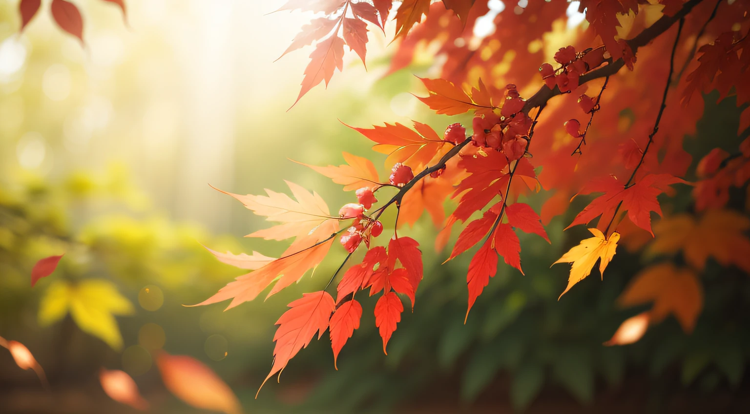 Colored leaves、up、8K、top-quality、delicate leaves、Branches in the sun、Hang sunlight on the leaves、Photorealsitic、natural soft light、Hyper-detailing、Background blur、