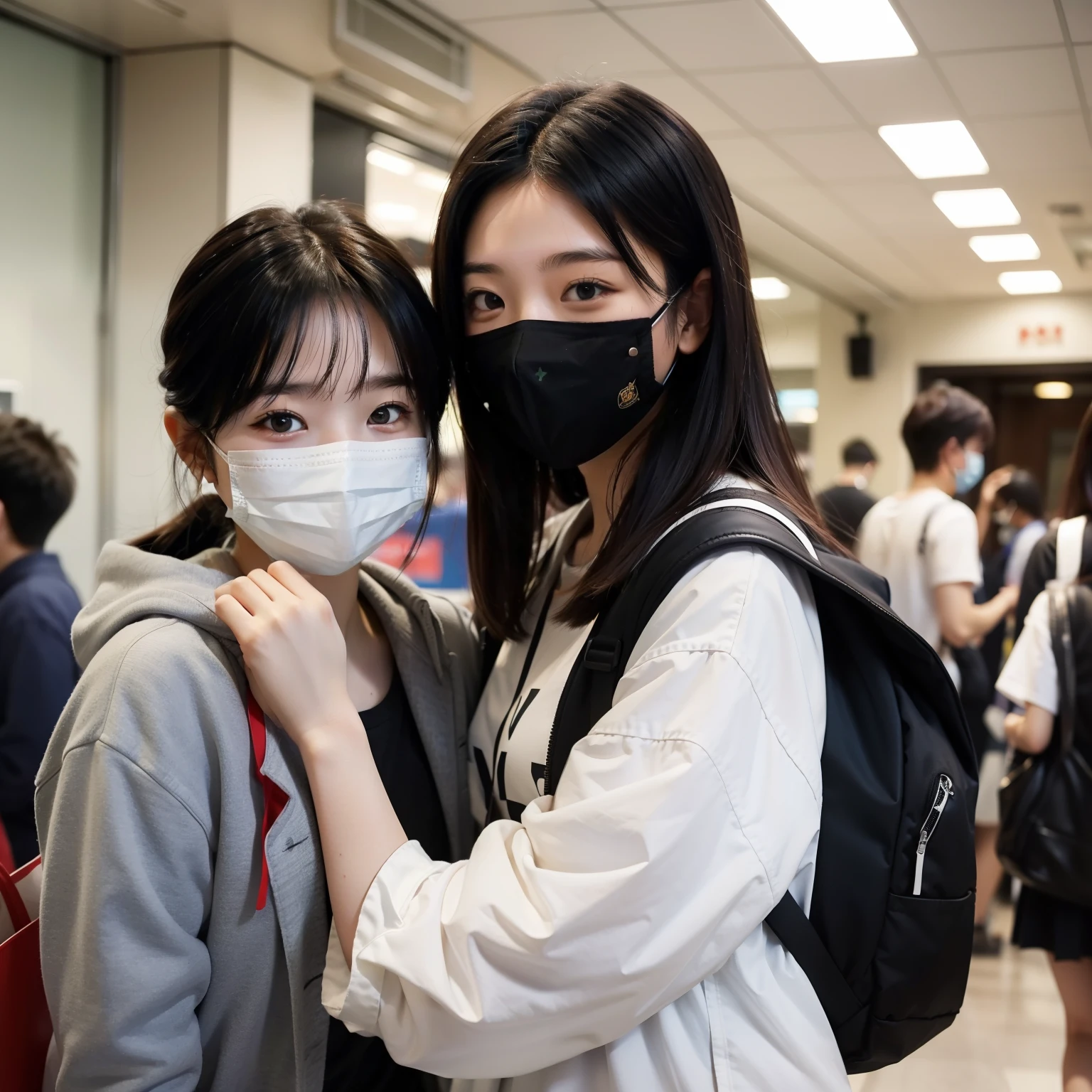 A girl wearing a mask and about the age of a high school student、(((top-quality)))、short、kawaii、