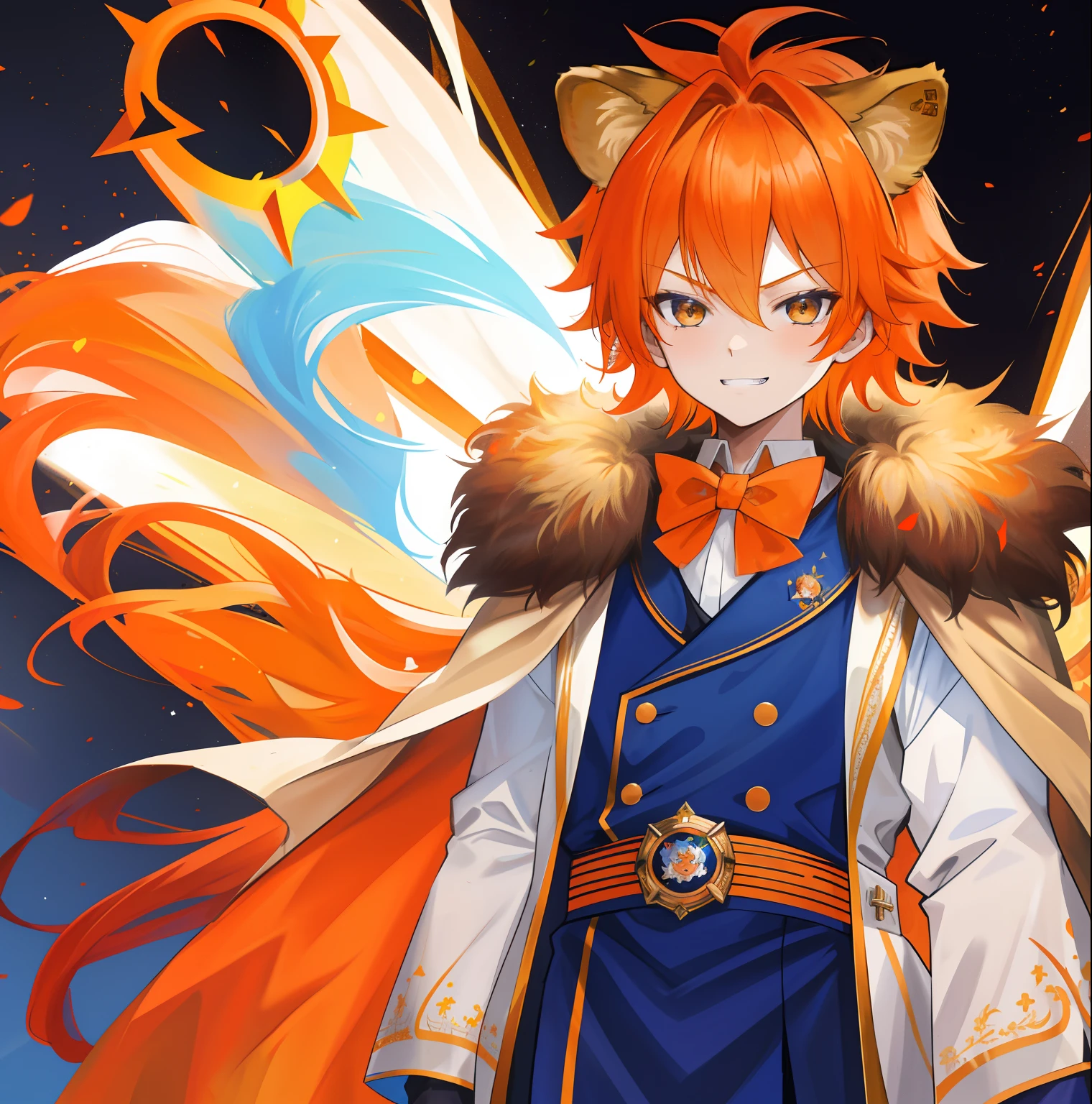 1 ,Orange hair,There are lion's ears on the head,Shawl hair like a lion's mane,The feeling of pride,Raise an eyebrow,grin,Wearing a blue royal-style uniform,Noble feeling