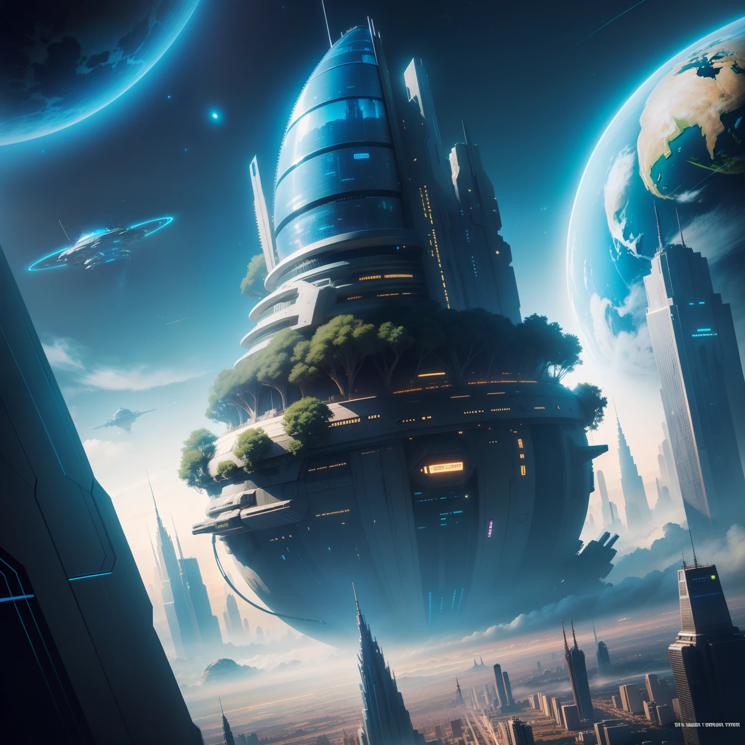 Earth Metropolis skyscraper A space station cyberpunked epcot SF Art Top Quality masterpiece 超A high resolution dream