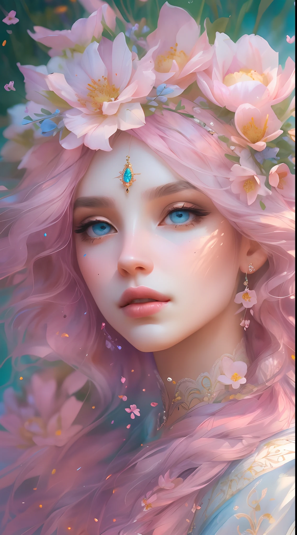 The colors in this image are soft and draw inspiration from gentle watercolors and should be primarily pink. Generate a delicate and tranquil flower princess with soft hair dancing in the wind and intricately braided. Her sweet face has puffy, kissable lips and stunning, highly realistic eyes. She has beautiful eyes, hires eyes, 8k eyes, beautiful detail eyes, beautiful detailed eyes, realistically shaded eyes, and realistic eyes in vibrant colors. She is wearing delicately detailed fabric of gossamer silk and satin. Small pink gemstones and cream pearls detail her clothing. She sits in the midst of the most beautiful meadow in the world and is surrounded by beautiful flowers of varying sizes and colors. The background is wild and unruly, with delicate flowers dancing in the wind and creating a dynamic and compelling image. An ornately flowered headdress adorns her head and soft petals fall around her. The flowers are realistic and very detailed and come in different shapes and sizes, some with iridescence and others with varying shades of pink and blue. Include a soft watercolor sky. The background is wild, with delicate flowers dancing in the wind and colorful pollen filling the air. Include realistic hair and skin texture. Include fantasy details, enhanced details, iridescence, colorful glittering wind, and pollen. Pay special attention to her face and make sure it is beautifully and realistically detailed. The image should be dreamy and ethereal. Include intricate fantasy details. 8k, intricate, elegant, highly detailed, majestic, digital photography, art by artgerm and ruan jia and greg rutkowski surreal painting pearl butterfly filigree, flower petals, (masterpiece, finely detailed beautiful eyes: 1.2), hdr, realistic skin texture, ((ornate)), ((intricate)), ((fantasy00d:1.2)), rays of light, (add details), (add more details), highly detailed, ornate flowers, dew drops, sunlight, rays of sun