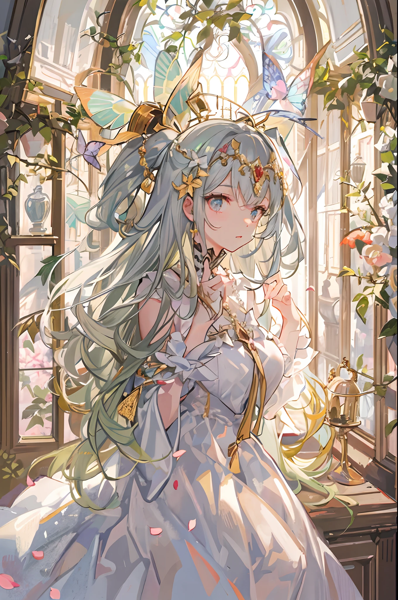 Flying butterflies,Fluttering petals,Fluttering hair,softlighting,soft focus,Hazy picture,Huge stained windows,The windows are transparent,1girll,Golden birdcage,Thorny vines,Red butterfly,mitts,(very intricate),Exquisite,Complex hairstyles,long skirt,RococoStyle,Bow knot,Cross straps,Gorgeous dress,Large skirt,frilld,Love decoration,(Elegant vintage clothing design),rosette,whaite hair,long white hair,The brightness of the picture is high,Low contrast,The overall feeling is like an oil painting,trpical garden,Close-up,Close-up Shot Shot,Pedras preciosas,jewelled headdress,pearls necklace