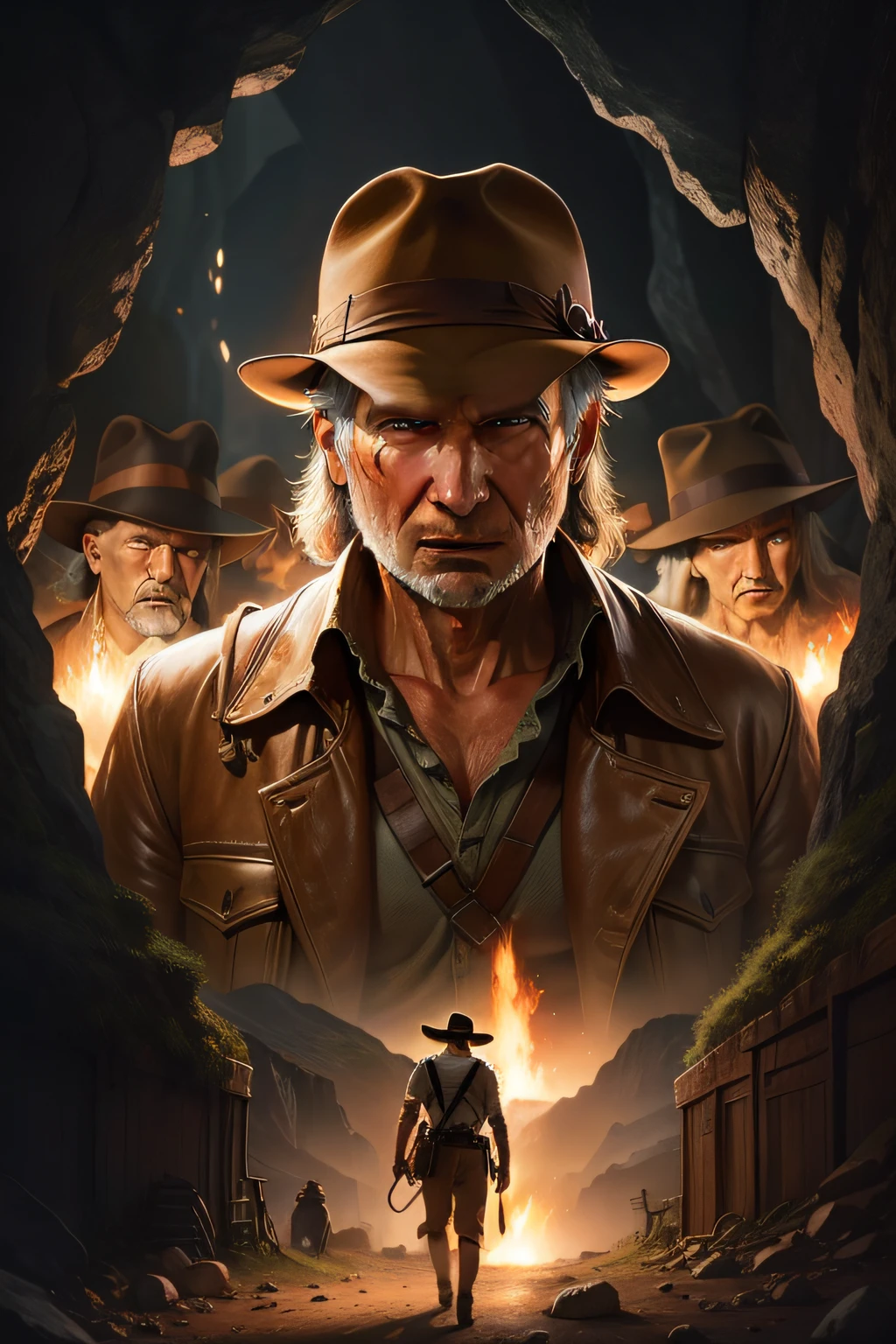 indiana jones, harrison ford face, in a cavern , surrounded of natives, v4 , 8k , cinematic, high quality