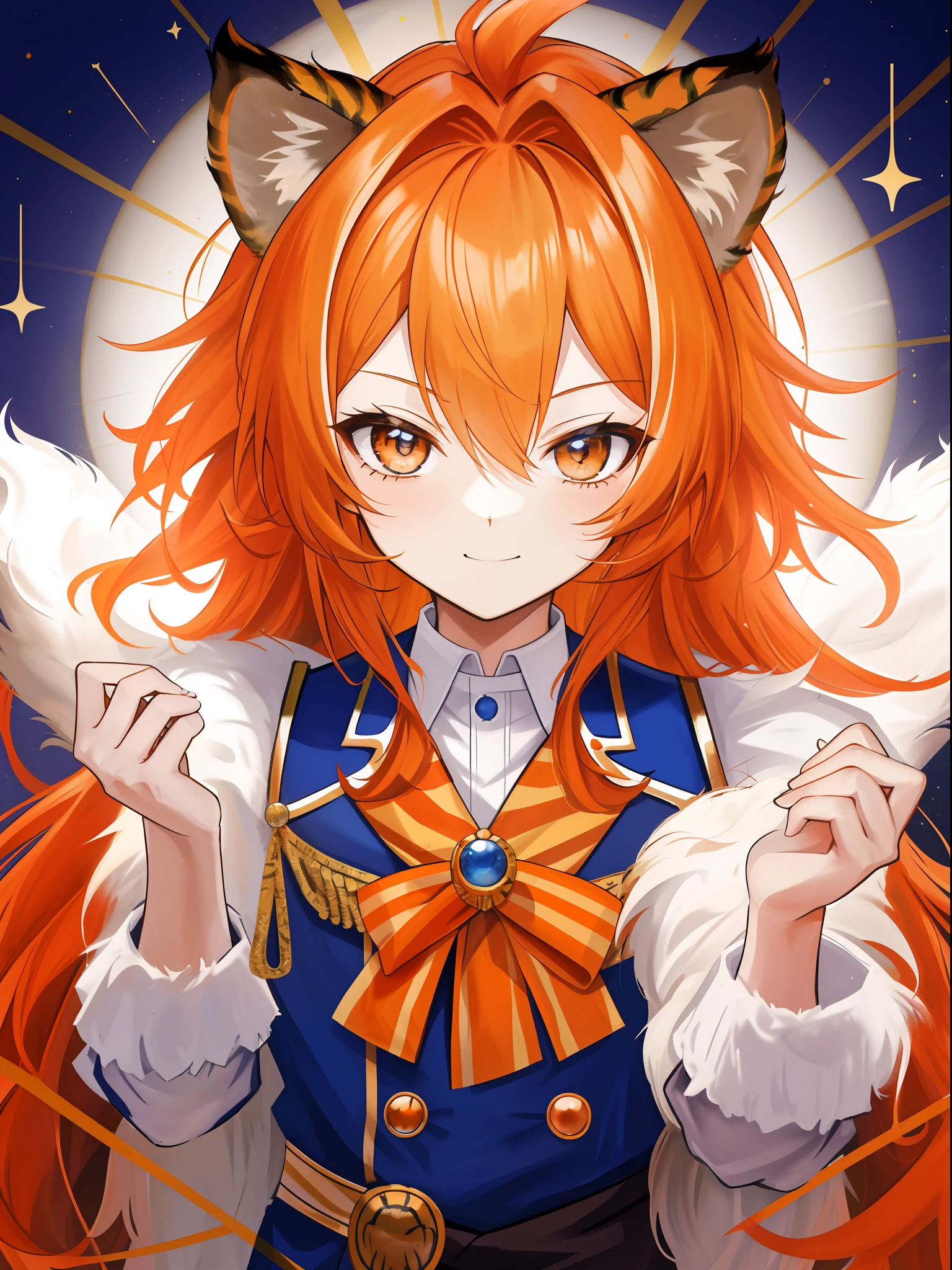 1 little boy，Orange hair，There are lion's ears on the head，The shawl hair resembles a lion's mane，Pride，Raise an eyebrow，ssmile，Little tiger tooth，Wearing a blue royal style uniform，Noble feeling，Close-up portrait of the face