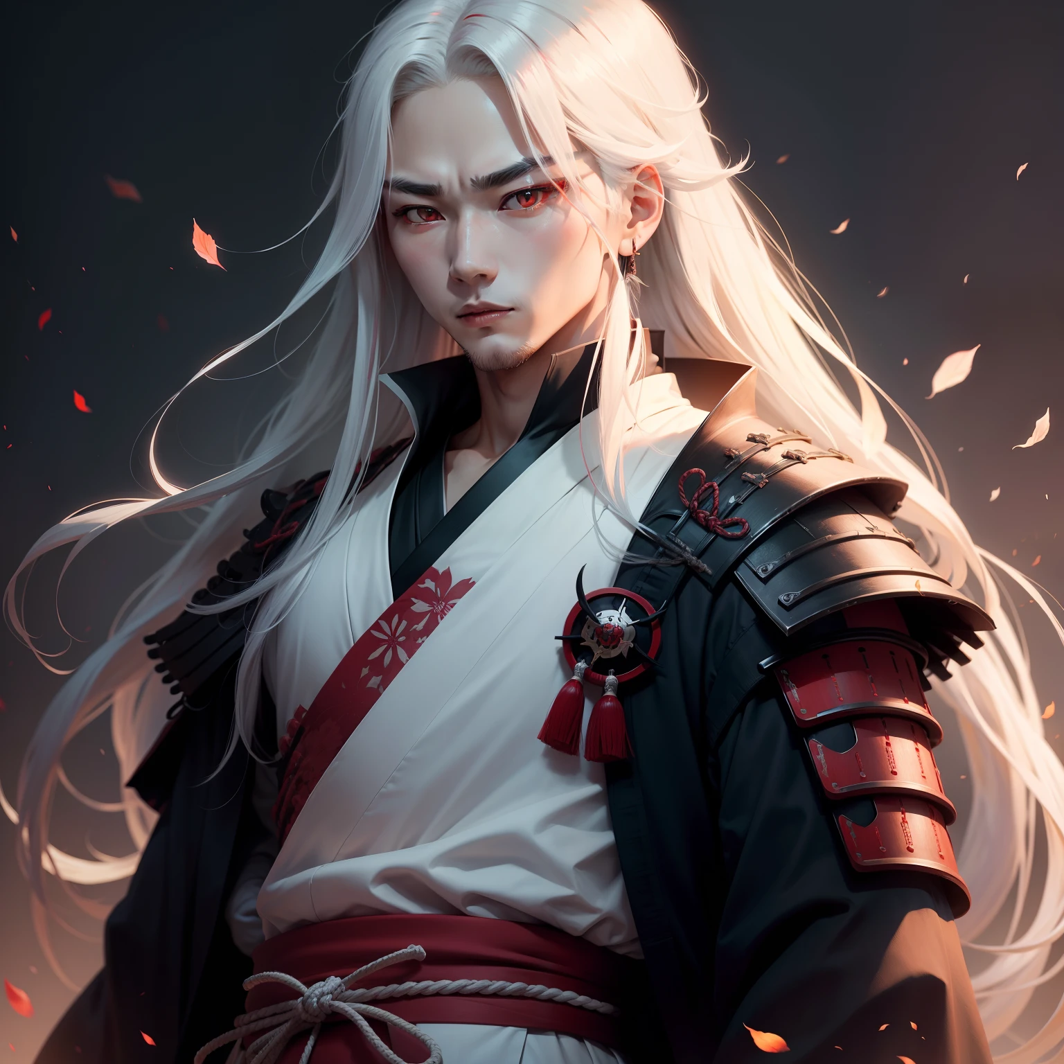 1boy red eyes long white hair samurai sword