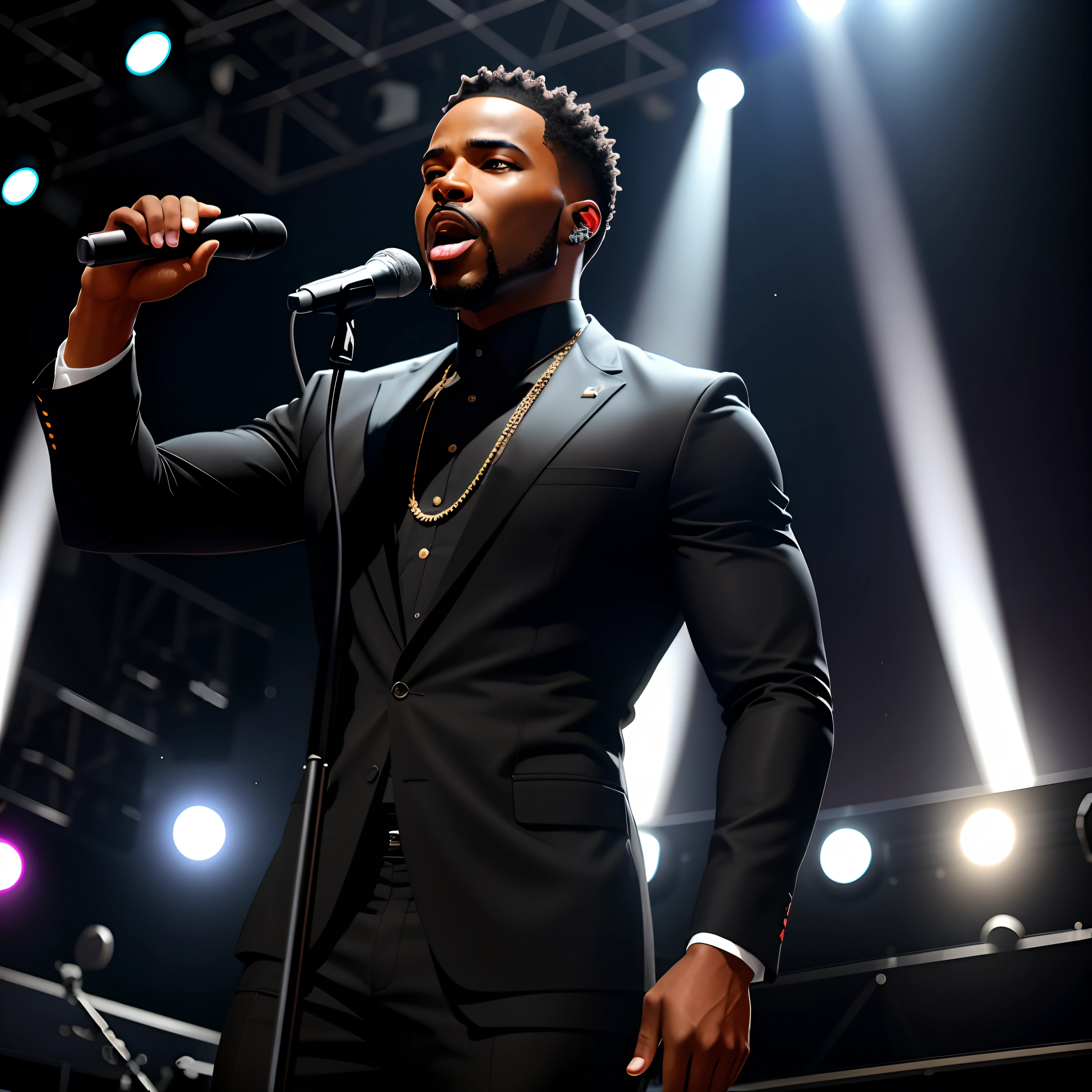 A black man sings everything he believes represented in his music on a stage