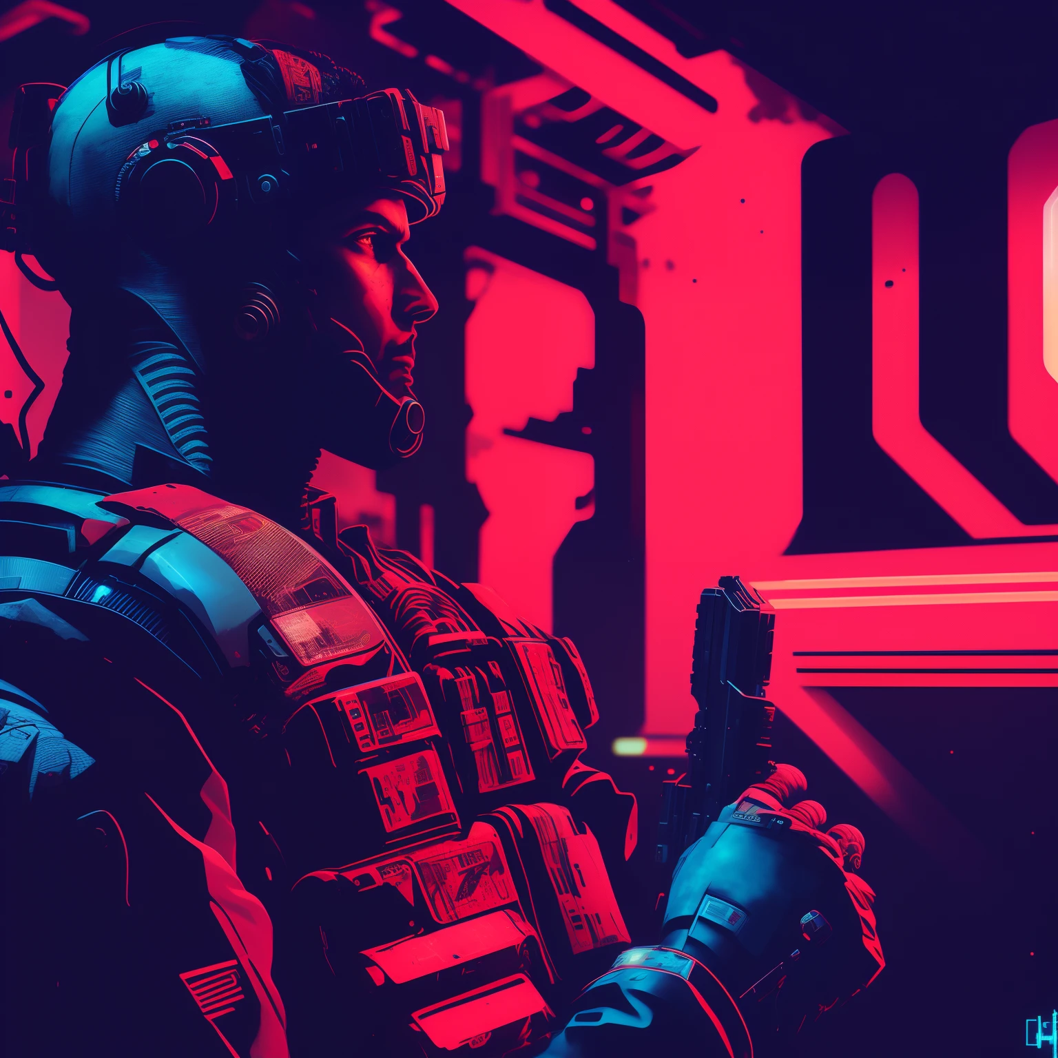 There's a man in a futuristic suit holding a gun, soldado cyberpunk, sci-fi soldier, estilo de arte cyberpunk, soldado futurista, em estilo de bipe, Dan Mumford. 8K octane rendering, soviet style cyberpunk, estilo cyberpunk hiper-realista, advanced digital cyberpunk art, estilo de arte cyberpunk, cyberpunk cores vibrantes, arte digital cyberpunk, astronaut cyberpunk electric