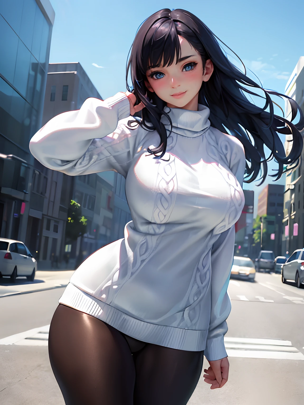 (masterpiece, best quality:1.4), (modern days), (cowboy shot), 1girl, solo, pov, sfw, stunning girlfriend, (standing:1.1), dynamic pose, (white oversized sweater, knit sweater:1.4), （Tight Yoga Pants，dark grey yoga pants：1.4），（Navy blue short jacket，jean jacket：1.4），long Brond Hair，By bangs，heart - shaped face，Elegant face，beauitful face，High detail face，Highly detailed skin，skin pore，sub surface scattering，（Blue eye details），realistic pupil，crisp breasts，A loving smile，looking at viewert，full blush，'s plump lips，Take the flowers，at centre，the city street，Sunnyday, ventania, detailed back ground, depth of fields, atmosphric perspective, Volumetriclighting, Clear focus, absurd res, Realistic proportions, Good anatomy, (realisticlying, Hyper-realistic:1.4), 16k hdr,