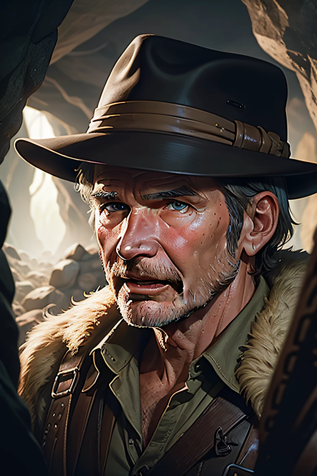 indiana jones, harrison ford face, in a cavern , surrounded of natives, v4 , 8k , cinematic, high quality