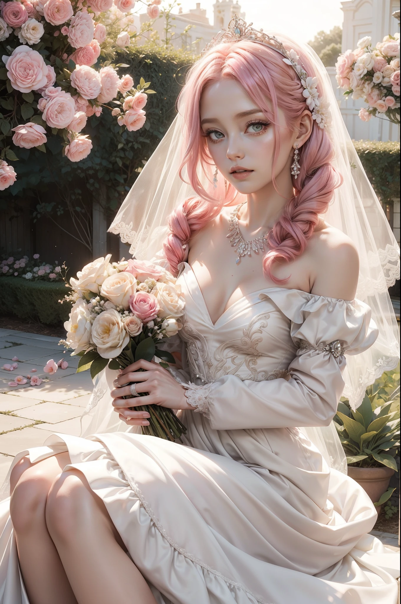 Pink haired Bride with and isset Mikaye inspured wedding gown, imperial cut, drapped fabric, long sleeves with wide ends anf shoulder puff, low neckline, creamy whitein colour, silver jewelry, small bouquet of pink and apricot flowerS, romantic hairstyle, medium long veil, garden as background, natural soft sunlight.