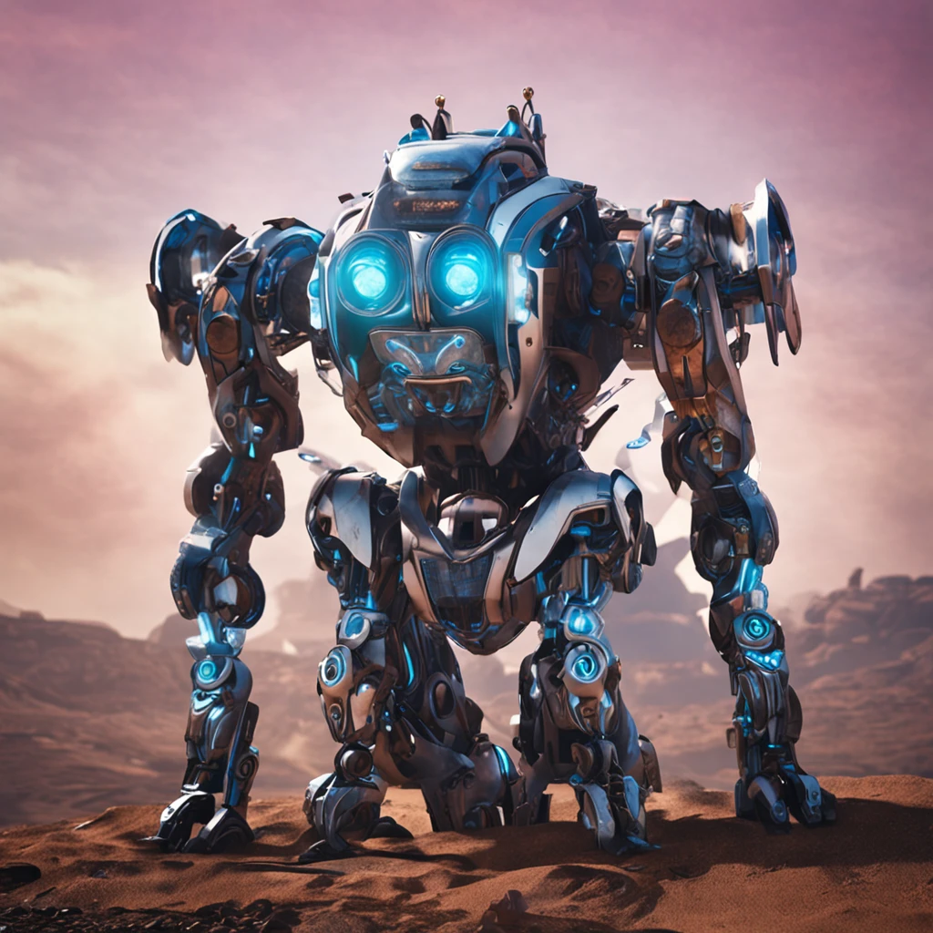 A Transforms-style robot, azul, olhos cor de gelo e brilho intenso
