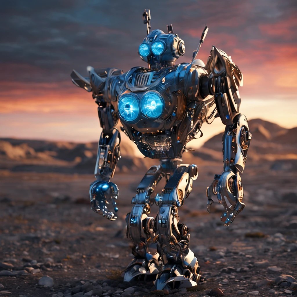 A Transforms-style robot, azul, olhos cor de gelo e brilho intenso