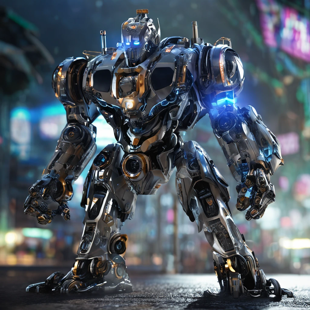 A Transforms-style robot, azul, olhos cor de gelo e brilho intenso
