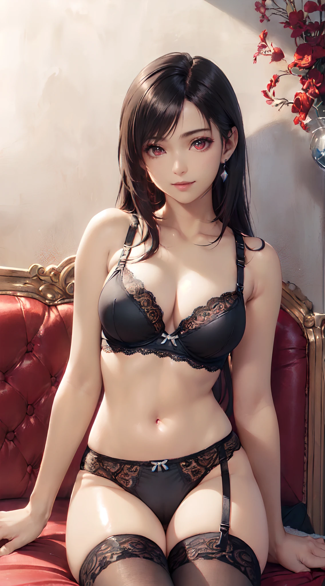 (masutepiece:1.5, the Extremely Detailed CG Unity 8K Wallpapers,Vivid colors:1.5),(Realistic, hyper realisitic:1.5),(Final Fantasy 7 Remake,Tifa Lockhart:1.5),beutiful breast,chromatic abberation,beautiful detailed shadow,beautidful eyes,Beautiful body,Realistic body,Beautiful skin,beautifull hands,(Seductive smile:1.5),(wariza:1.4),(realisitic,Hyper-detailing:1.5),(Large breasts:1.5)(spreading legs:1.4),(Gravure Pose:1.5),Girls only,(Luxurious interior,Red luxury carpet,White gorgeous wall:1.4),(Curve,Model,glamor:1.5),动态照明、(Glossy skin:1.5)、(masterpiece,top-quality:1.5)、absurderes、(Fancy underwear:1.5),((limited pallete)),(cowboys_shot:1.3),(Realistic hair,Glassy hair,Long straight hairstyle:1.5),(Red Eyes:1.5),(beautifully detailed eyes、Eyes Like Gems、radiant eyes:1.4),Women in Lingerie,Seductive Girl、beautiful alluring female、 beautiful alluring teen、attractive girl、beautiful a girl、Beautiful Sexy Woman、a sexy girl、(perspiring,Small underwear:1.5)、beautiful artwork、finely detail、best girl、detailed digital art、耳Nipple Ring、jewely、(Ren Hao,Lace trimmed bra,lace-trim,an lingerie,lace trimmed legwear,Black lace:1.3),up looking viewer,a navel、(Black thighs:1.5),(Black hair:1.5),