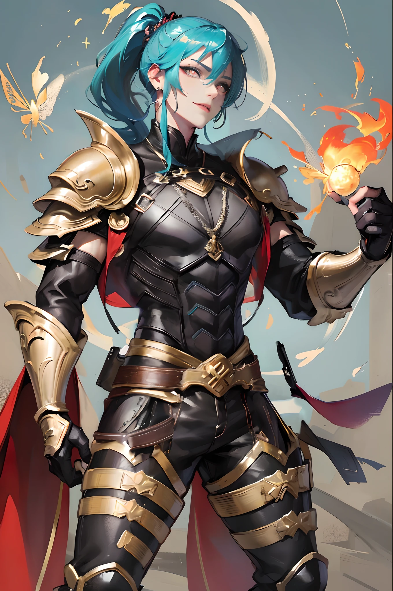 Shiny black leather armor with fine decoration、Does not expose the skin、Manly strong body、