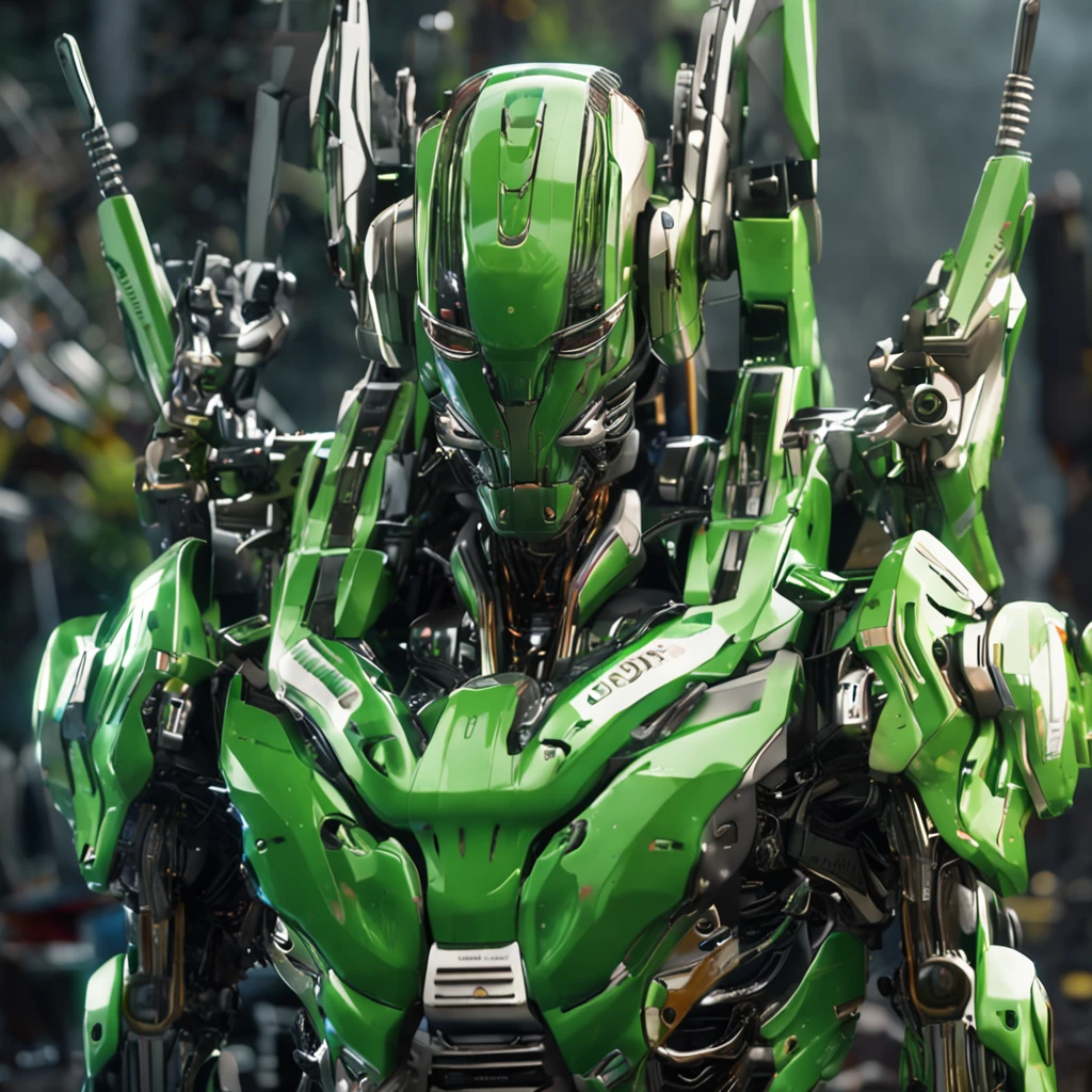 A Transforms-style robot, verde, olhos verdes e corpo coberto de vinhas