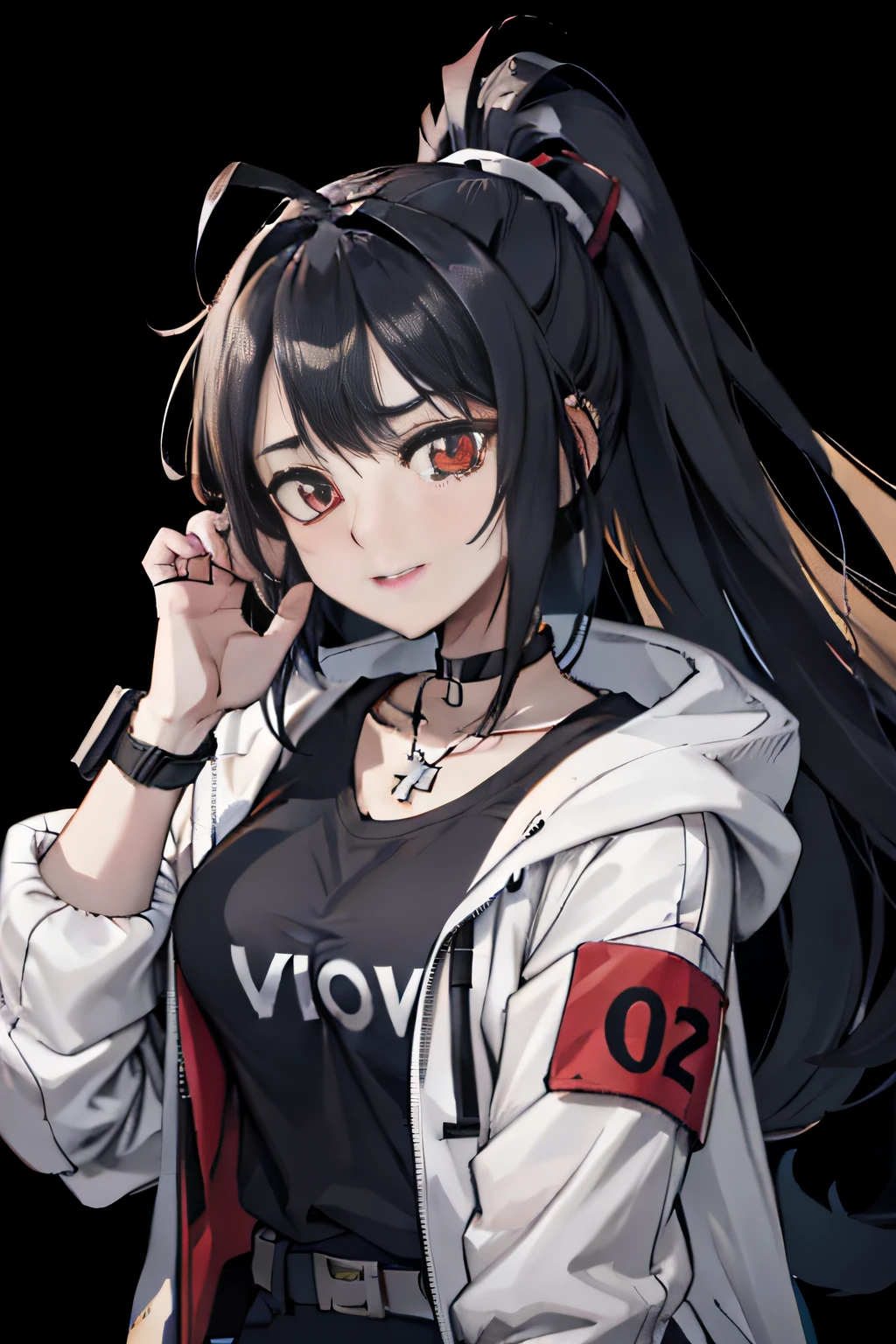 whole body,Standing posture, (Black Hair,Trimmed bangs,Hime cut,) (Small breasts,Teenage Girl,), (Cute face:1.2) (Punk Fashion,Low-rise pants,) smug face,(White background) 