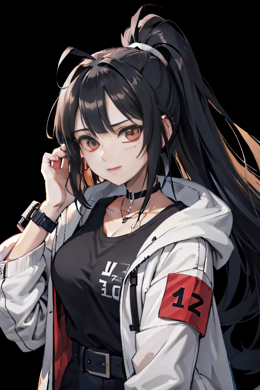 blacksilk,Long hair, Black hair, Messy hair, red highlights,choker necklace，High ponytail，Earphone，F cover,cropped shoulders，wind coat，backpacks，arm guards，huge tit，Headsets，balmy，Side breasts，dishiveredhair，arm guards，arm belt，obi strip，belt，Pocket，Call the device，Cross necklace，head gear，Black gloves，big headphone，Strap headphones，Strap，Pocket，Headbands，Issuing