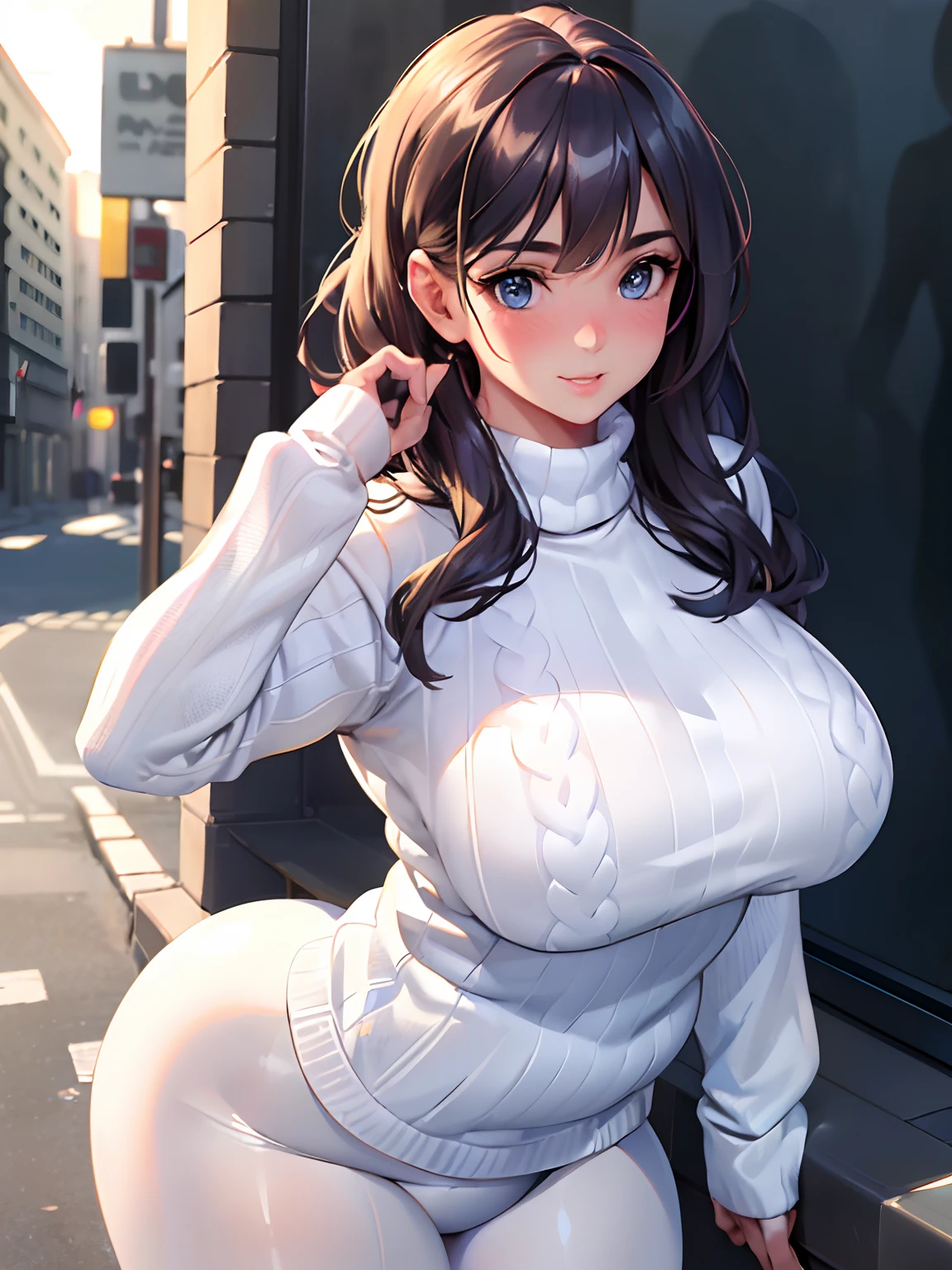 (masterpiece, best quality:1.4), (modern days), 1girl, solo, pov, sfw, stunning girlfriend, (standing:1.1), dynamic pose, (white oversized sweater, knit sweater:1.4), (Tight Yoga Pants,dark grey yoga pants:1.4),(Navy blue short jacket,jean jacket:1.4),long Brond Hair,By bangs,round shaped face,Elegant face,beauitful face,High detail face,Highly detailed skin,skin pore,sub surface scattering,(Blue eye details),realistic pupil,crisp breasts,A loving smile,looking at viewert,full blush,'s plump lips,at centre,the city street,Sunnyday, ventania, detailed back ground, depth of fields, atmosphric perspective, Volumetriclighting, Clear focus, absurd res, Realistic proportions, Good anatomy, (realisticlying, Hyper-realistic:1.4), 16k hdr,