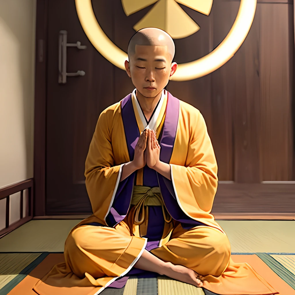 A close-up of a baby in a monk's costume，There is a halo, monk clothes, Buddhist, monk meditation, monk, dressed in simple robes, prayer meditation, monk, buddhist monk, 2 1 st century monk, Buddhism, Yellow robe, yellow robes, he is greeting you warmly, Divinity, peace, ancient japanese monk, wearing a long flowing robe