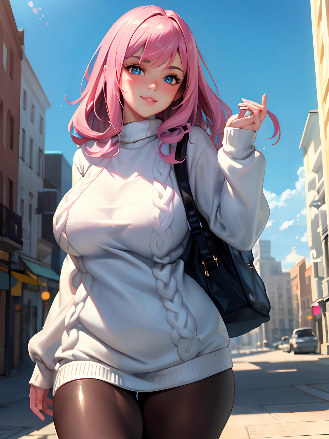 (masterpiece, best quality:1.4), (modern days),  1girl, solo, pov, sfw, stunning girlfriend, (standing:1.1), dynamic pose, (white oversized sweater, knit sweater:1.4), （Tight Yoga Pants，dark grey yoga pants：1.4），（Navy blue short jacket，jean jacket：1.4），long Brond Hair，By bangs，round shaped face，Elegant face，beauitful face，High detail face，Highly detailed skin，skin pore，sub surface scattering，（Blue eye details），realistic pupil，crisp breasts，A loving smile，looking at viewert，full blush，'s plump lips，at centre，the city street，Sunnyday, ventania, detailed back ground, depth of fields, atmosphric perspective, Volumetriclighting, Clear focus, absurd res, Realistic proportions, Good anatomy, (realisticlying, Hyper-realistic:1.4), 16k hdr,