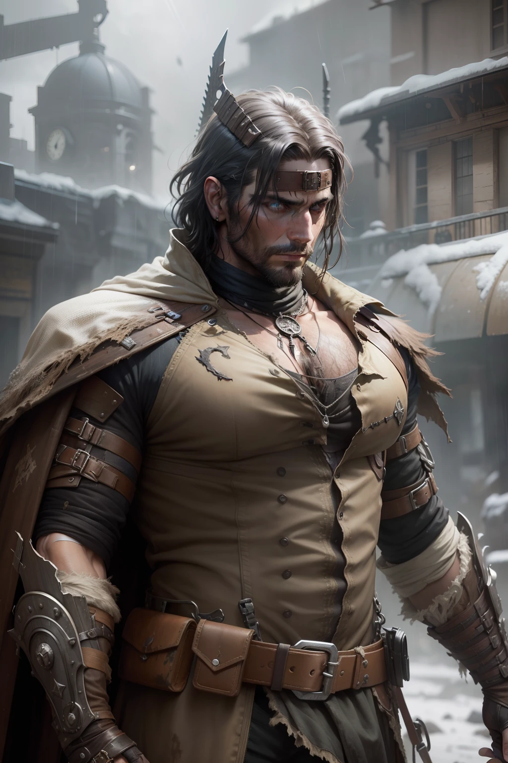 midnight sky mystical dark heavy rain steampunk dark fantasy portrait of a man, apocalypse survivor, confident eyes, looking at camera, wearing a worn out dirty ragged detailed sports clothing, realistic hands, accurate anatomy, apocalyptic environment