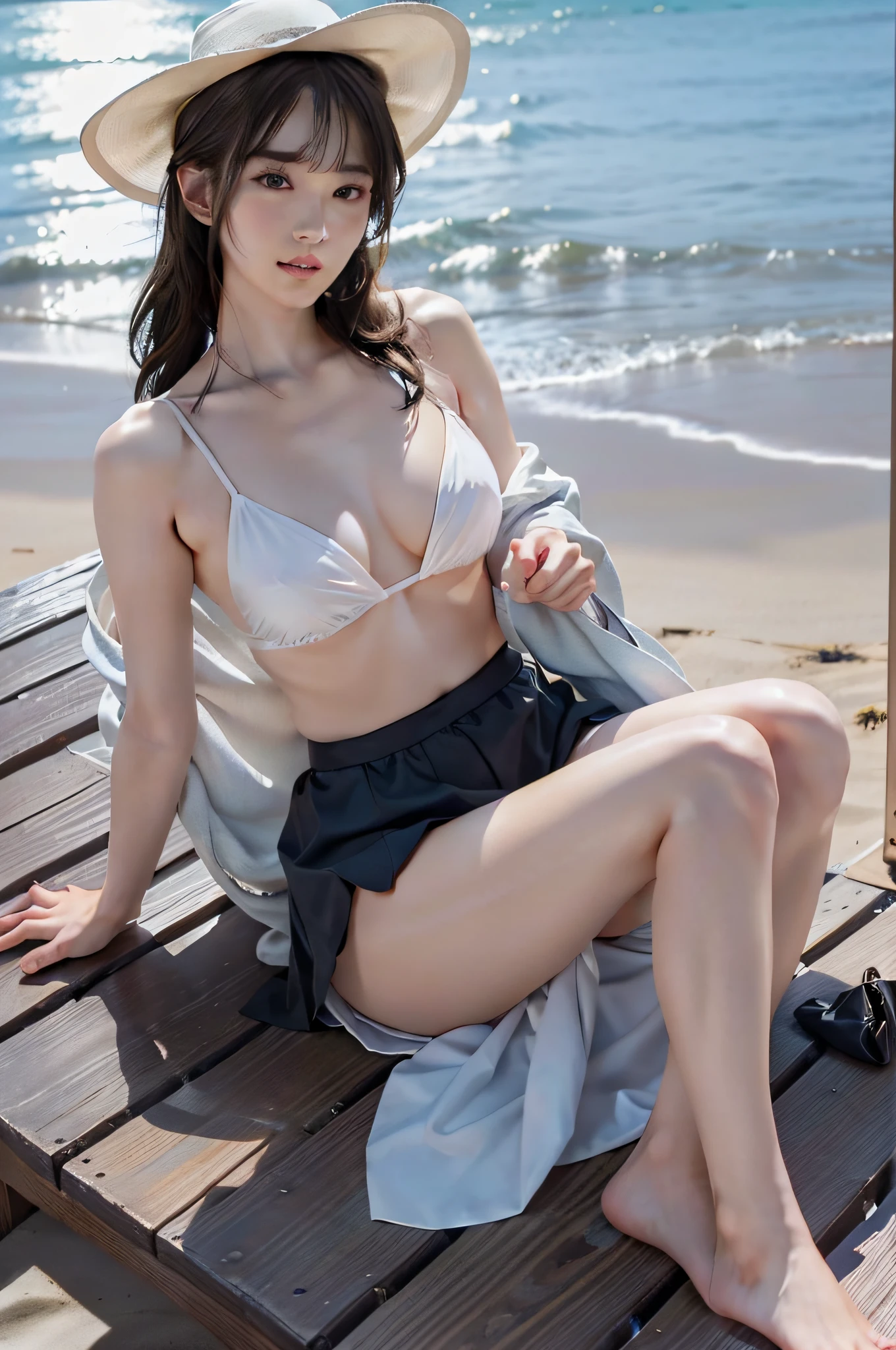((top-quality、in 8K、Raw photography、masterpiece:1.3))、
(realperson、a picture)、
tre anatomically correct、
Balanced body、
Perfect and delicate two legs、
Perfect and delicate two arms、
(More realistic skin texture:1.2)、
natural skin textures、
masterpiece、
extremely delicate and beautiful、
Unity、
8k wallpaper、
(realisitic、Photorealsitic:1.37)、
magnifica、
profetional lighting、
physically-based renderingt、
finely detail、
masutepiece、
top-quality、
Official art、
extremely details CG、
Unity 8K Wallpapers、
huge filesize、
ultra-detailliert、
超A high resolution、
ighly detailed、
extremely detailed eye and face、
octan render、
Detailed lips、
二重まぶた、
perfect bodies、
cowboy shot、
Enhances eye contact with the camera、Tankini, Beach skirt, Sun hat, flipflops