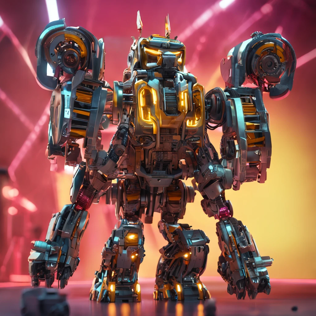 A Transforms-style robot, amarelo, raios amarelos ao redor do corpo e olhos com brilho laranja