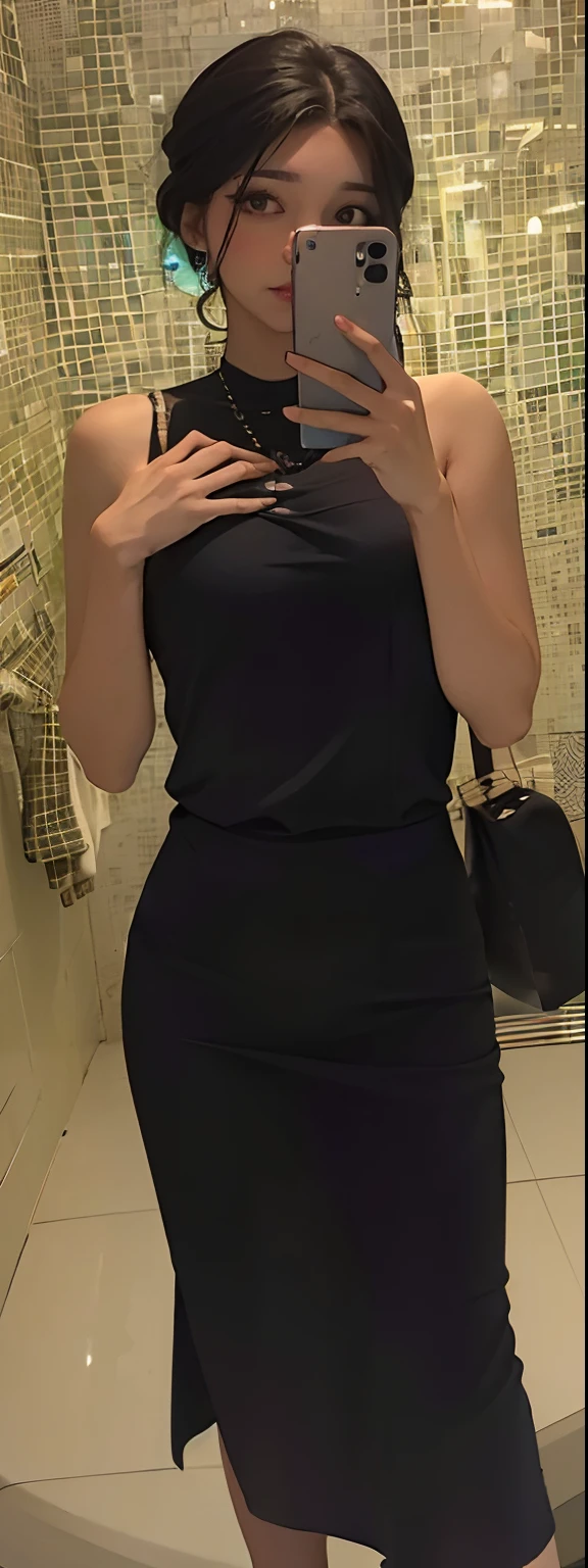 there is a woman taking a selfie in a bathroom mirror, she is wearing a black dress, usando vestido preto, usando um vestido preto, usando um vestido preto apertado, vestido preto, vestido preto completo, vestido preto bonito, she is wearing a black tank top, vestido preto brilhante, usando um vestido escuro, mid 2 0's female, roupa preta com olhos bonitos