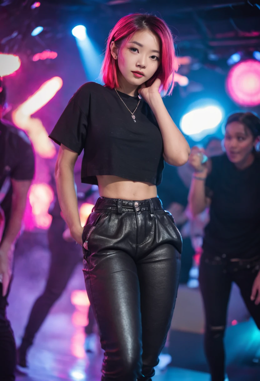 1 girl, (Chinese:1.2), DJ, (20yr old), music, turntable, Earphone, (Colorful hair:0.8), Energetic, self-assured, Party atmosphere, Nightclub, Dance Floor, (Neon lights:1.3), techno music, High energy, (Radiant makeup:0.9), fashionable attire, (Crop top:0.7), (Leather pants:0.6), (Sneakers:0.8), (Tattoos:0.7), Mix beats, (Jumps:1.1), crowd, (Excited expressions:0.9), Fascinating performance, (Vibrant stage lighting:1.2), Intense atmosphere, (Smoke machine:0.8), (Confetti:0.7), (Visual effects:1.1), (Hands in the air:1.3), (Edm:0.9), Energetic posture, (pixel art background:1.4), (Subwoofer:0.8), (DJ booth:1.2), Nightclub venue, (Lighting effects:1.1), (Party crowds:1.3), Electronic dance music. --AR 9:16 --q 1 --v 5.2 --AR 9:16 --Q 1 --Niji 5