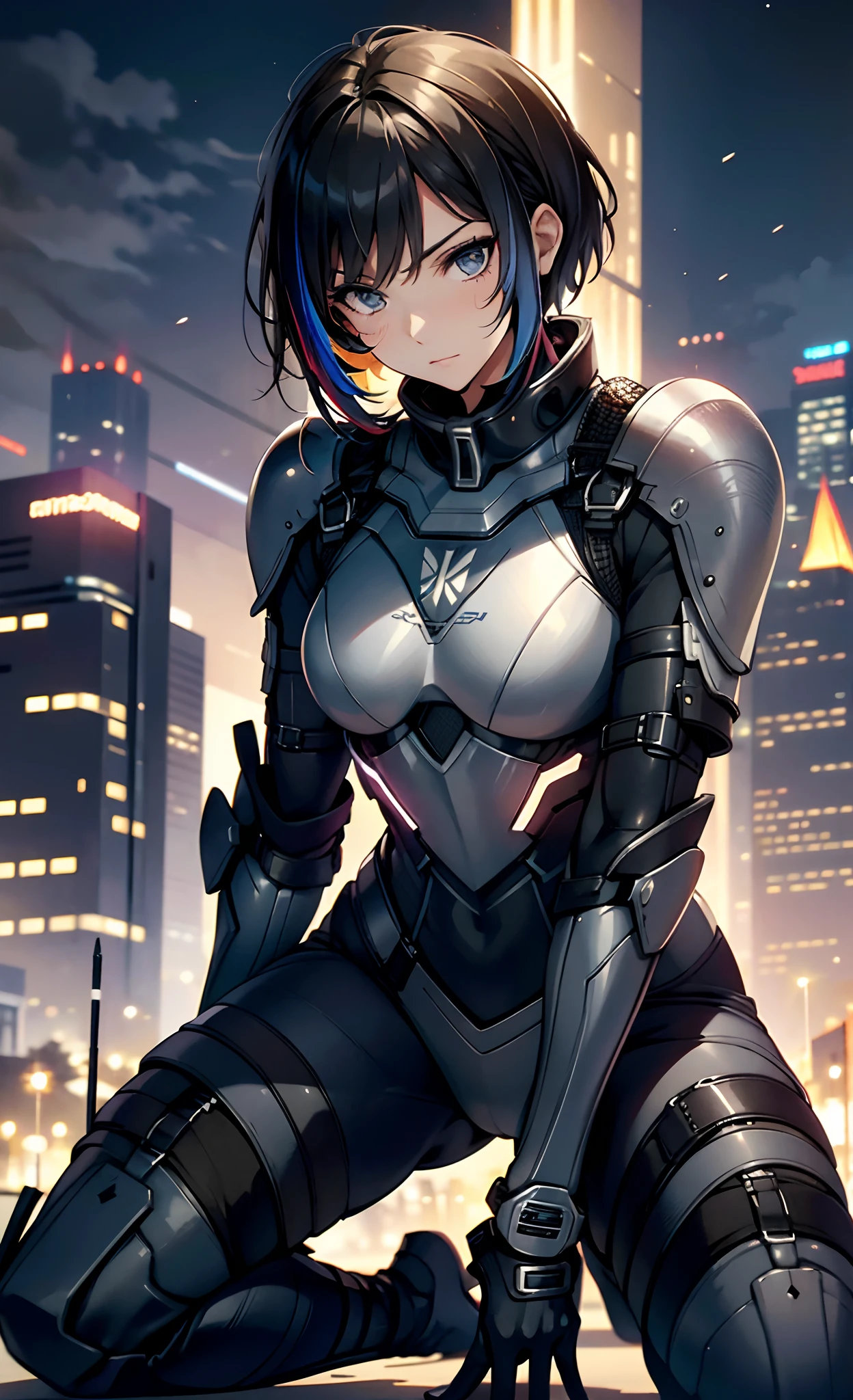 best qualityer,tmasterpiece,Ultimate resolution,downy,Extremely colorful,Colorful,Women combatants,(Kneeling pose)a matural female,Black super short hair,Tight combat suit,tightsuit,Steel City background,the night,Normal posture,Normal posture