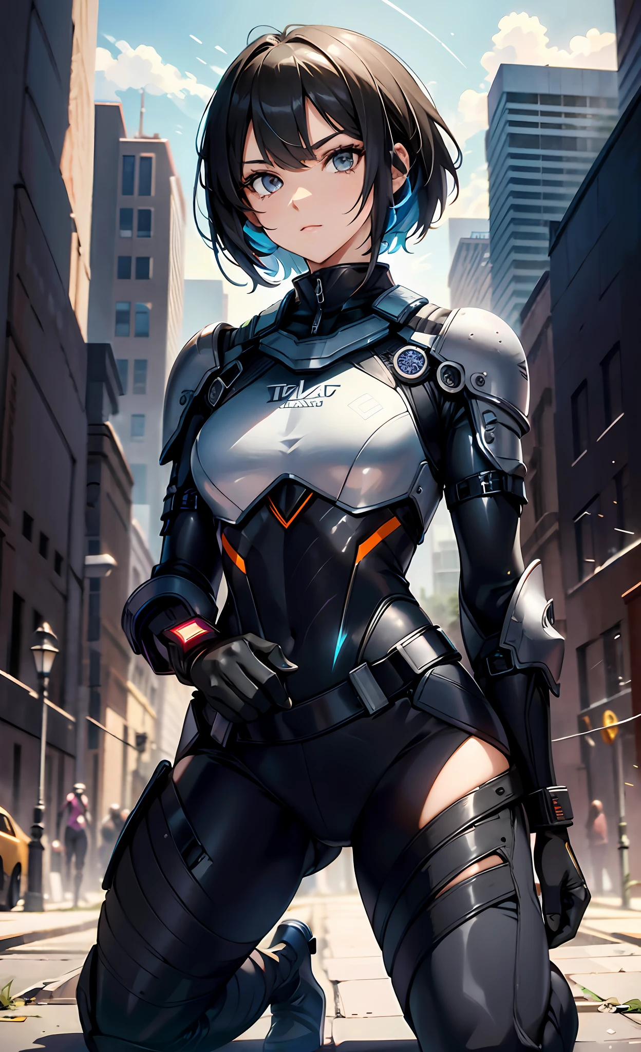 best qualityer,tmasterpiece,Ultimate resolution,downy,Extremely colorful,Colorful,Women combatants,(Kneeling pose)a matural female,Black super short hair,Tight combat suit,tightsuit,Steel City background,the night,Normal posture,Normal posture